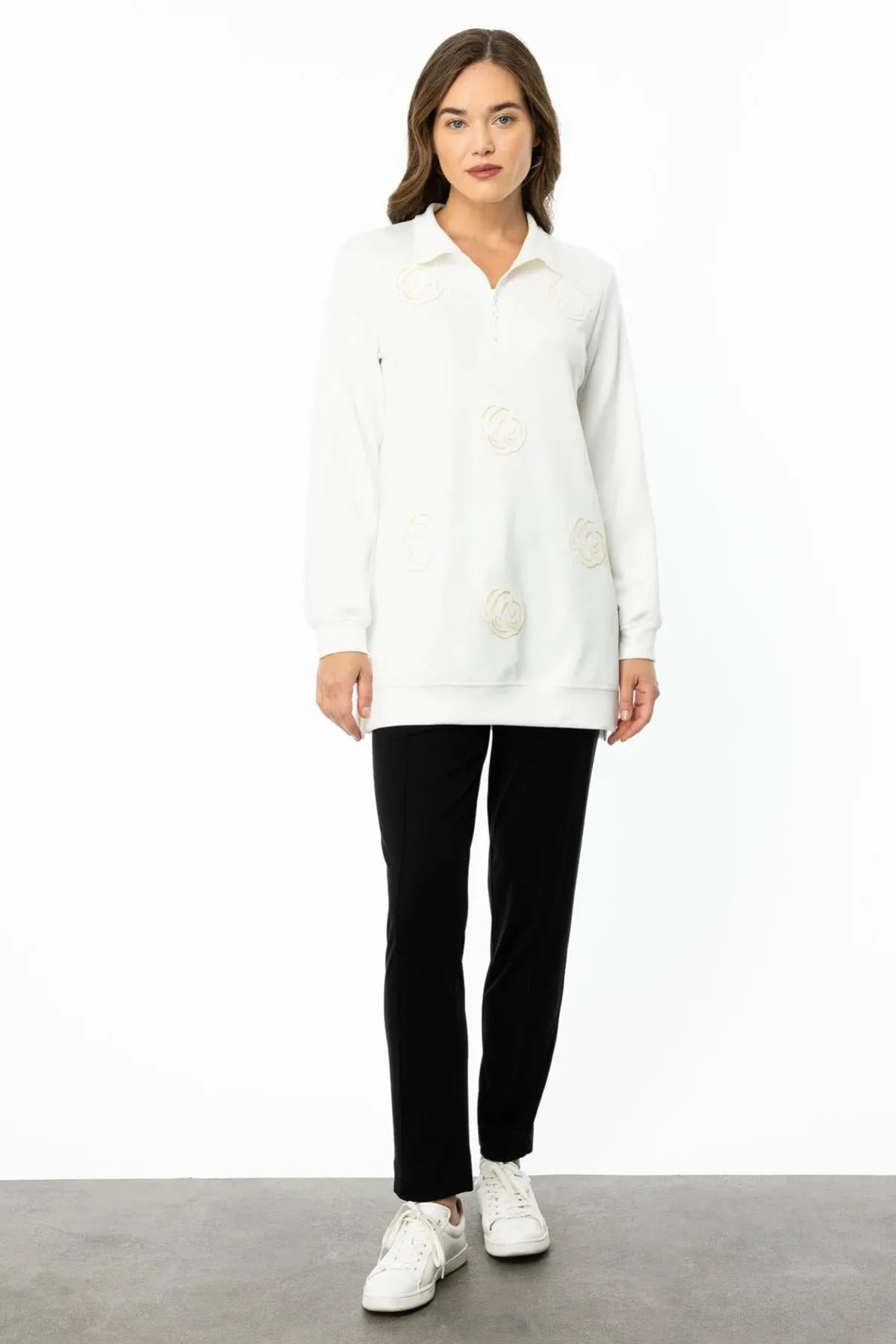 Zippered Floral Printed Sweat Tunic