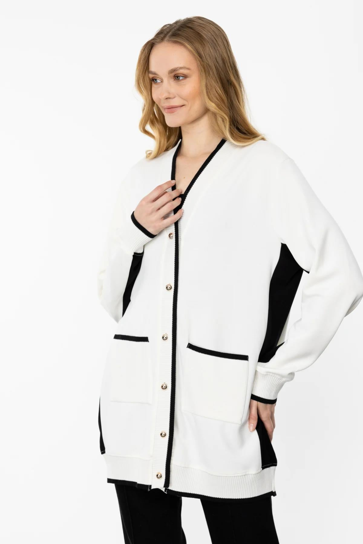 Cep Ve Gold Düğme Detaylı Ribanalı Uzun Hırka