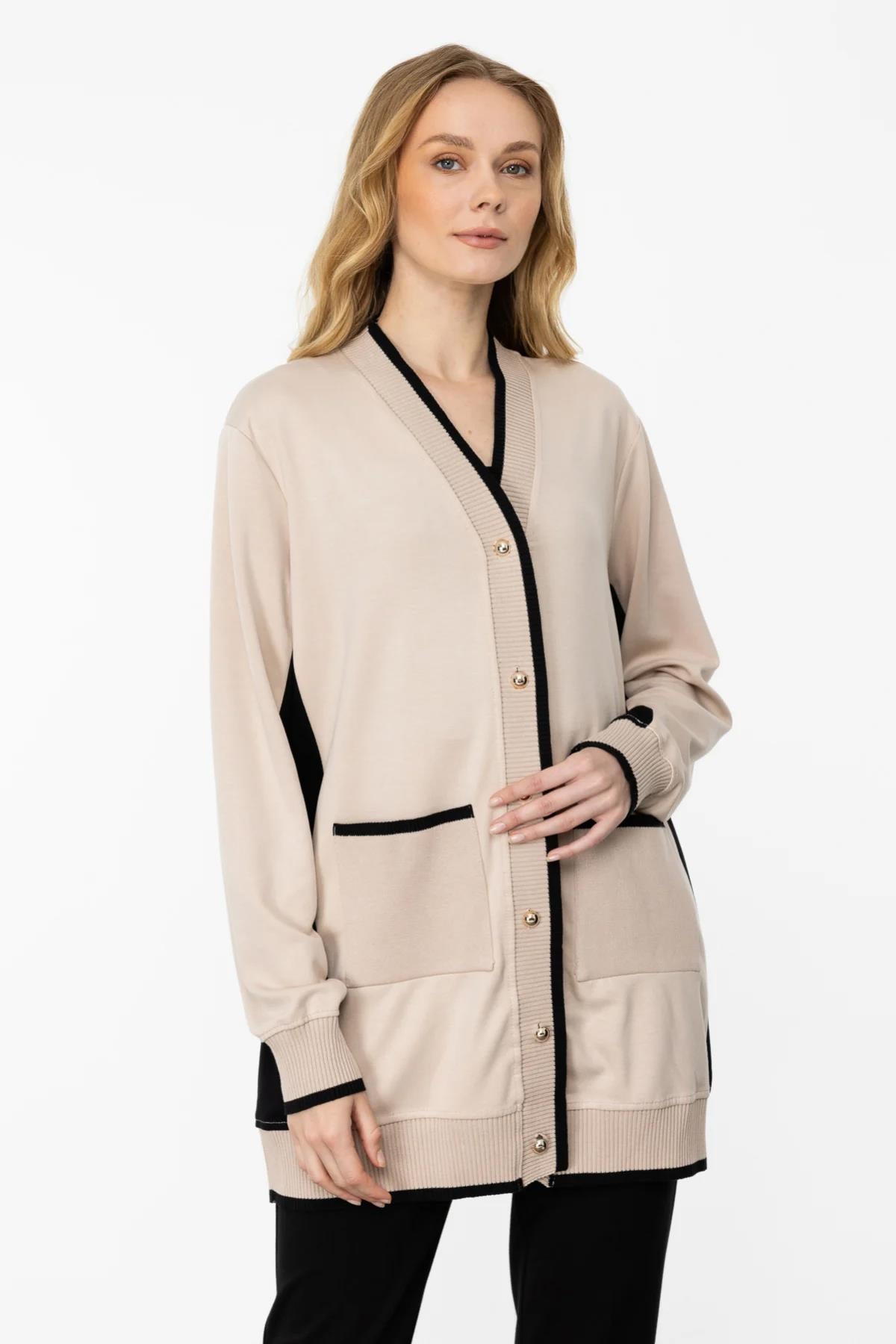 Cep Ve Gold Düğme Detaylı Ribanalı Uzun Hırka