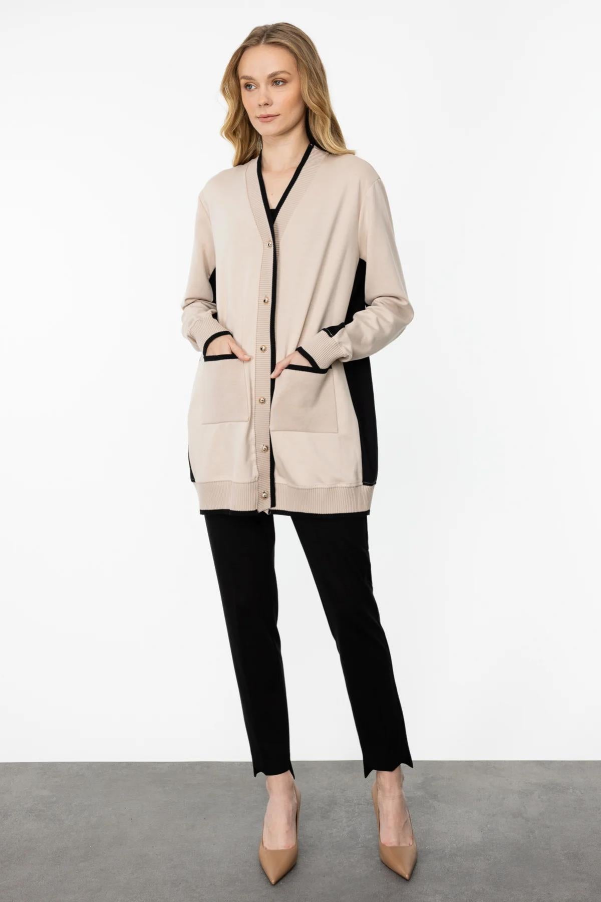 Cep Ve Gold Düğme Detaylı Ribanalı Uzun Hırka