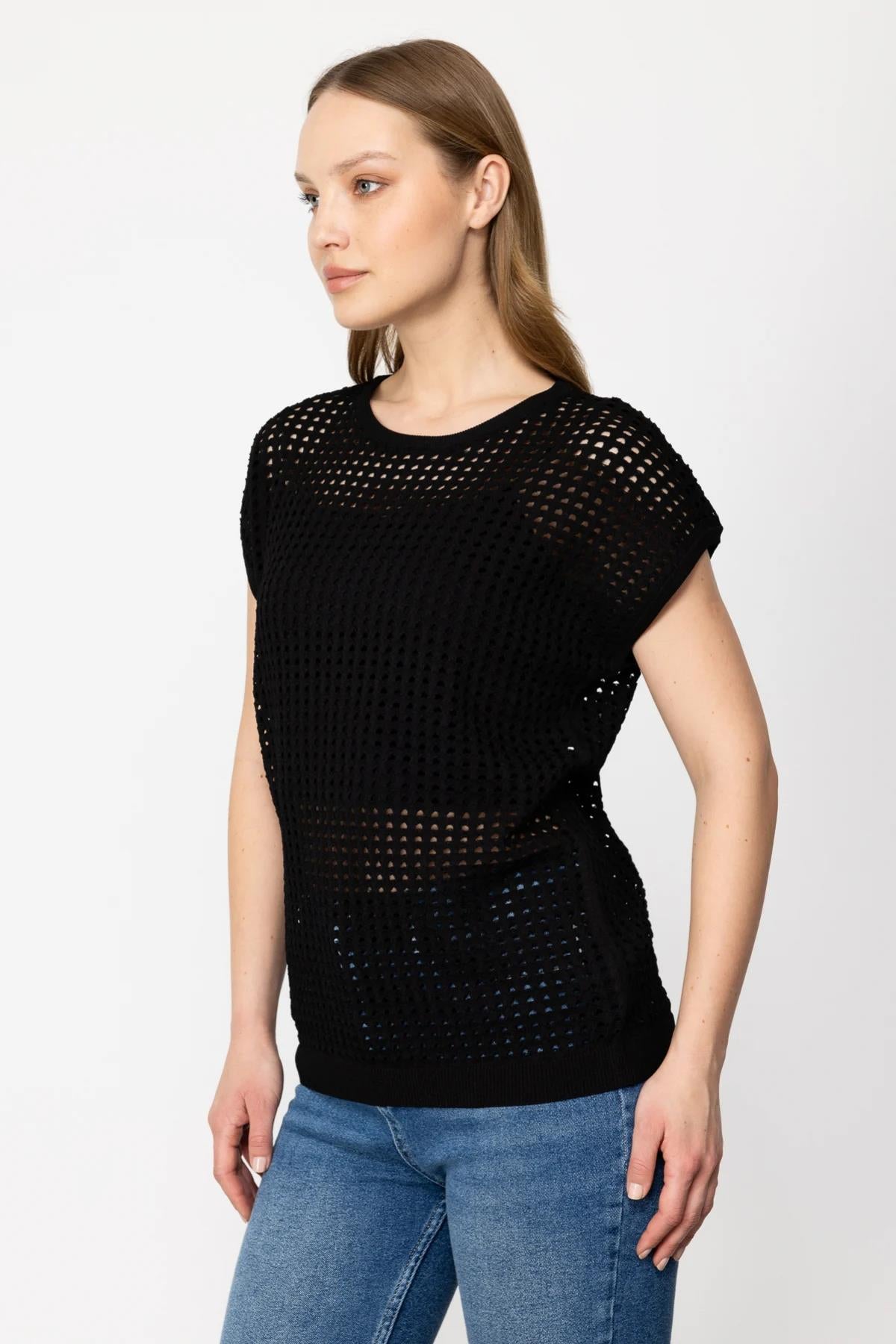 File Örgü Kısa Kol Triko Bluz