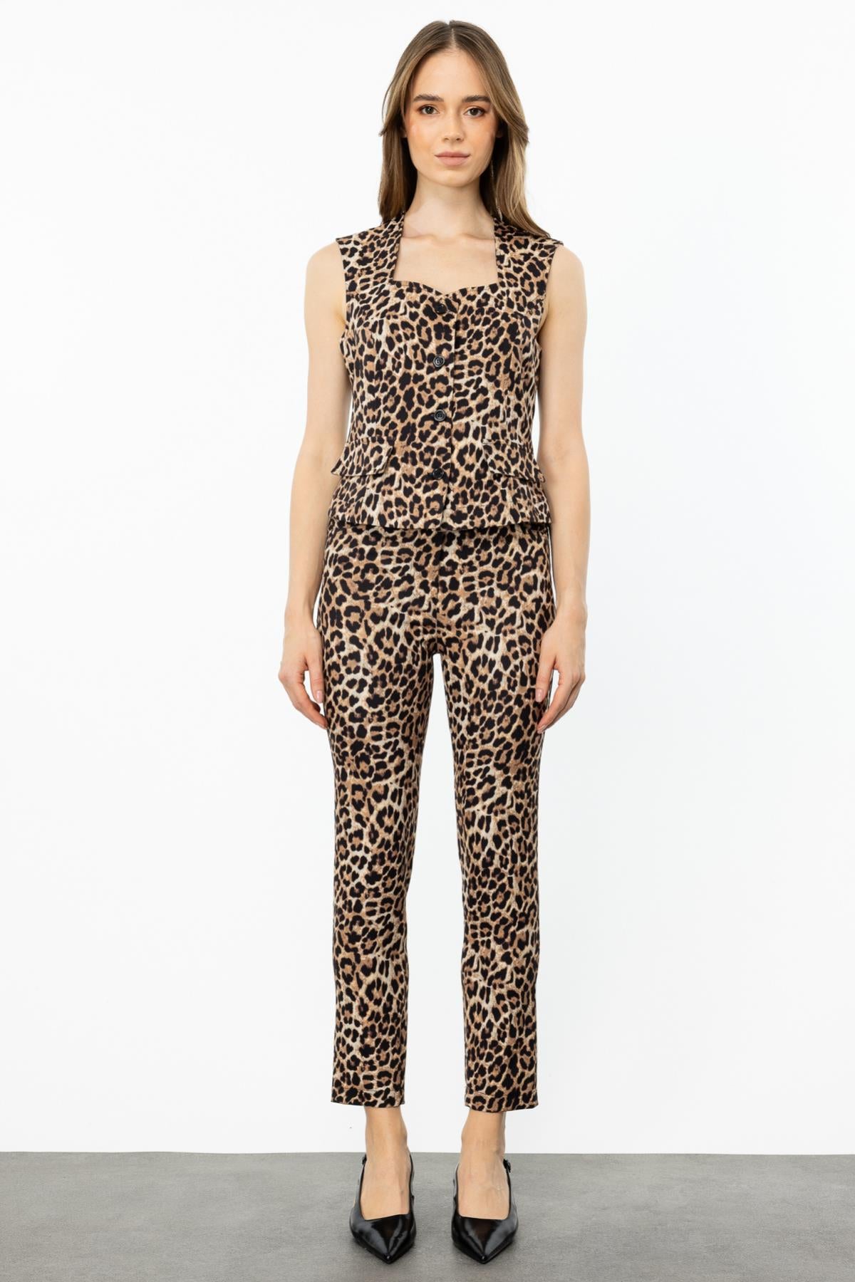 Leopar Desenli Beş Cep Pantolon
