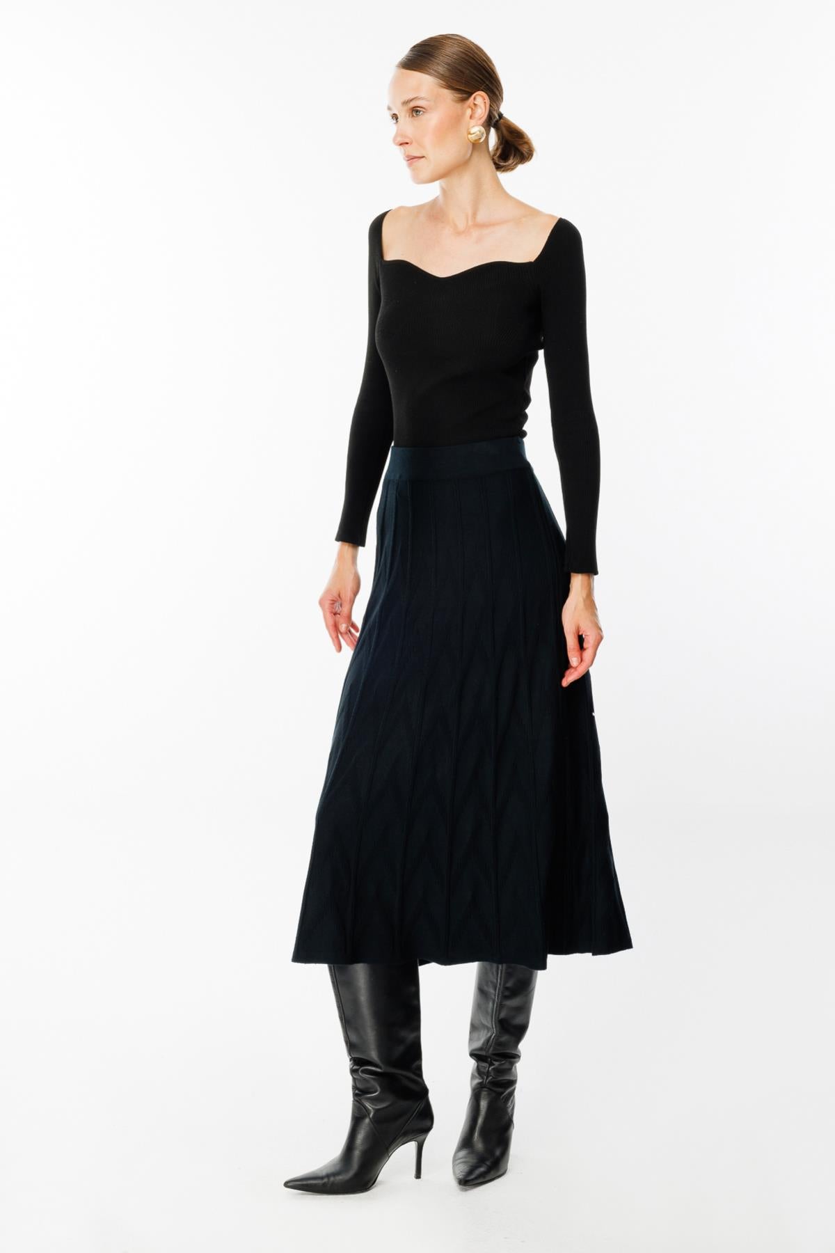 Pleated Knit Midi Skirt
