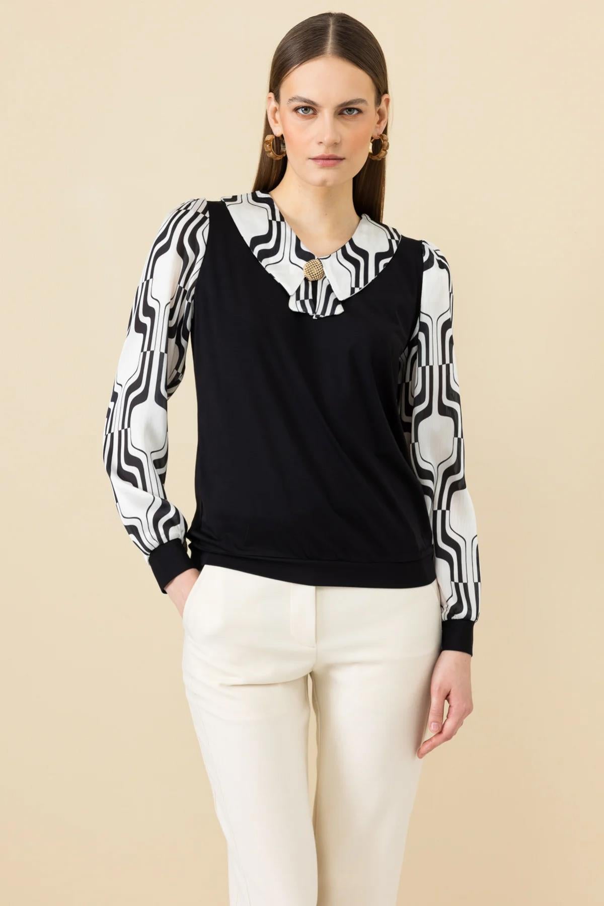 Sweater Look Blouse with Accessory Collar