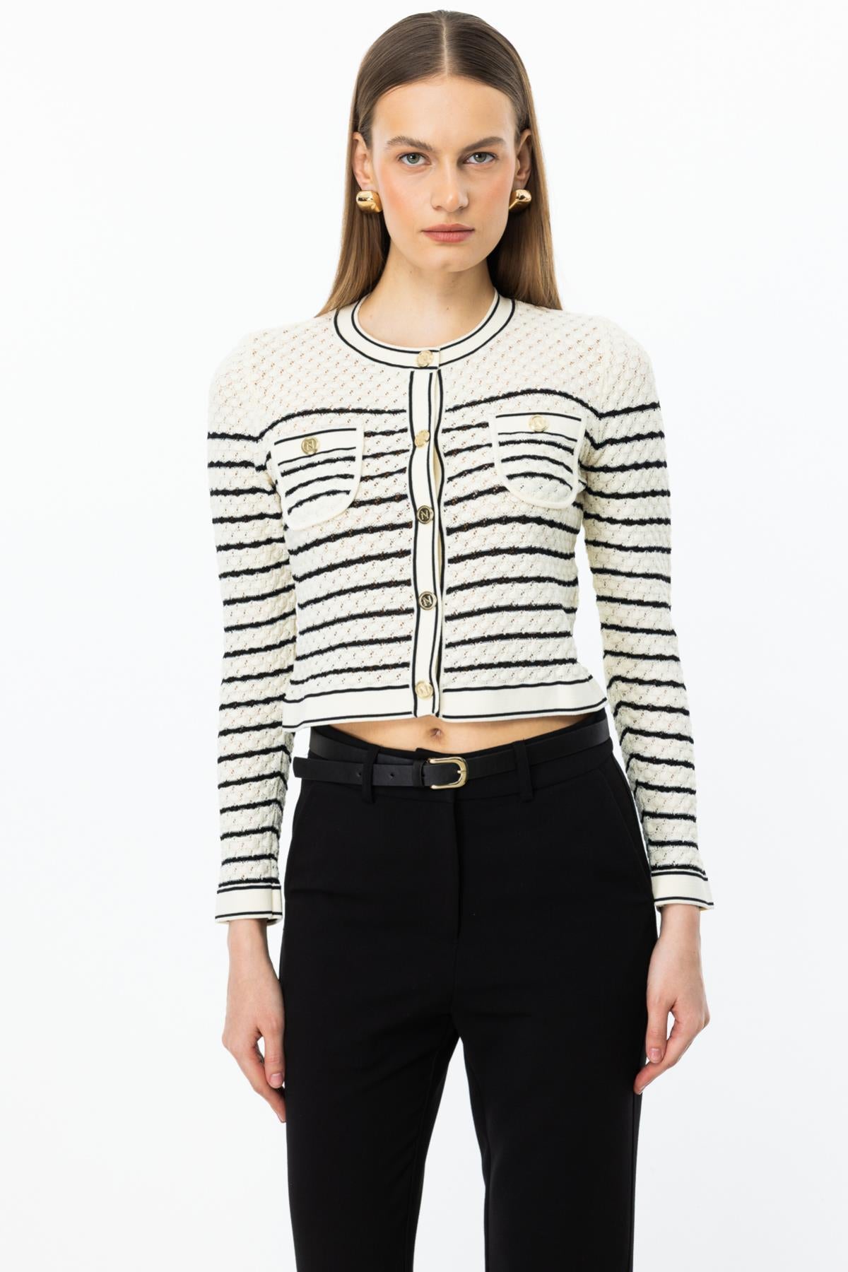 Striped Patterned Ribbed Cardigan