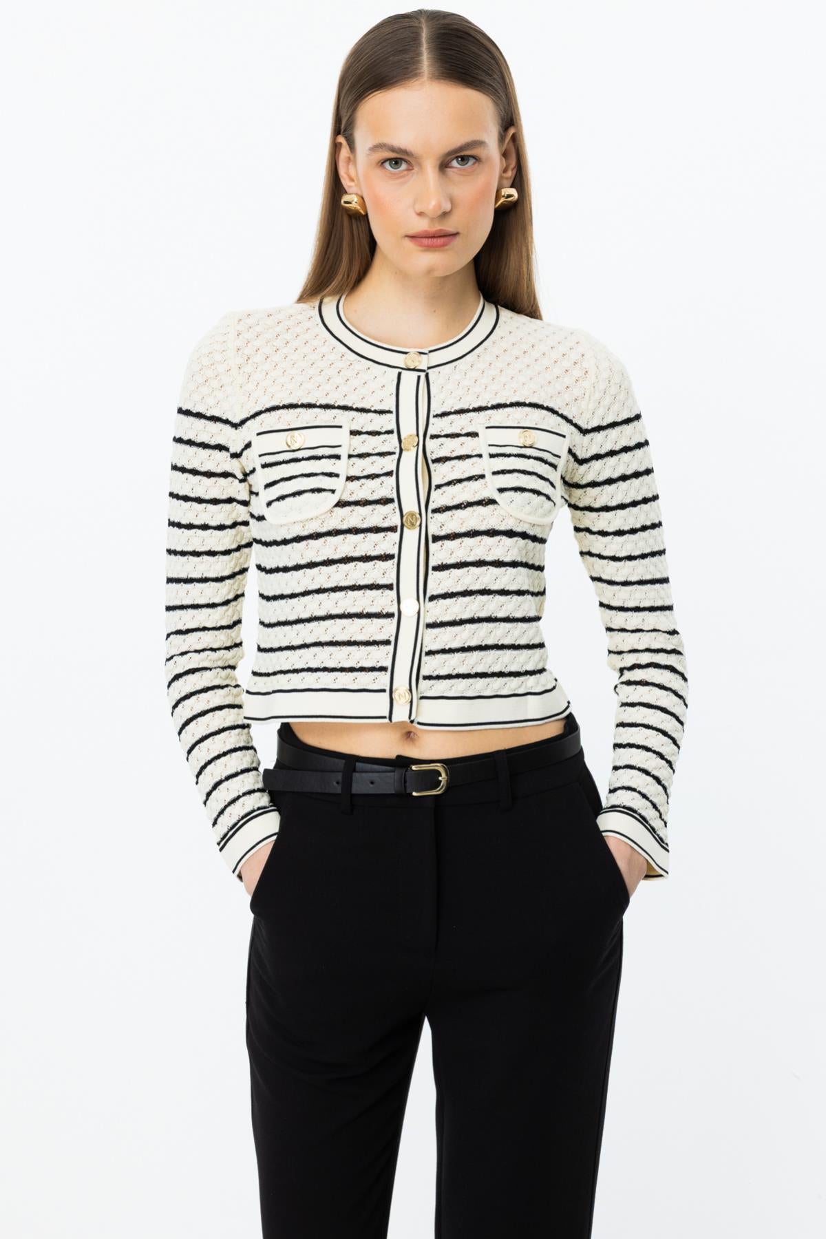 Striped Patterned Ribbed Cardigan