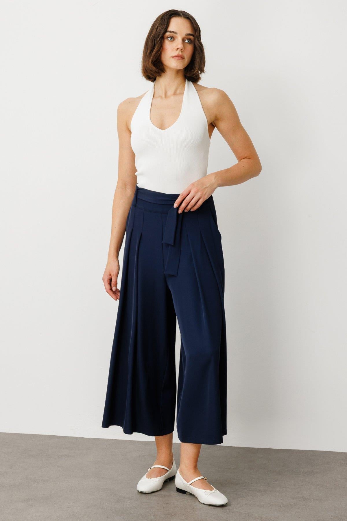 Wide Leg Trouser Skirt with Belted Waist