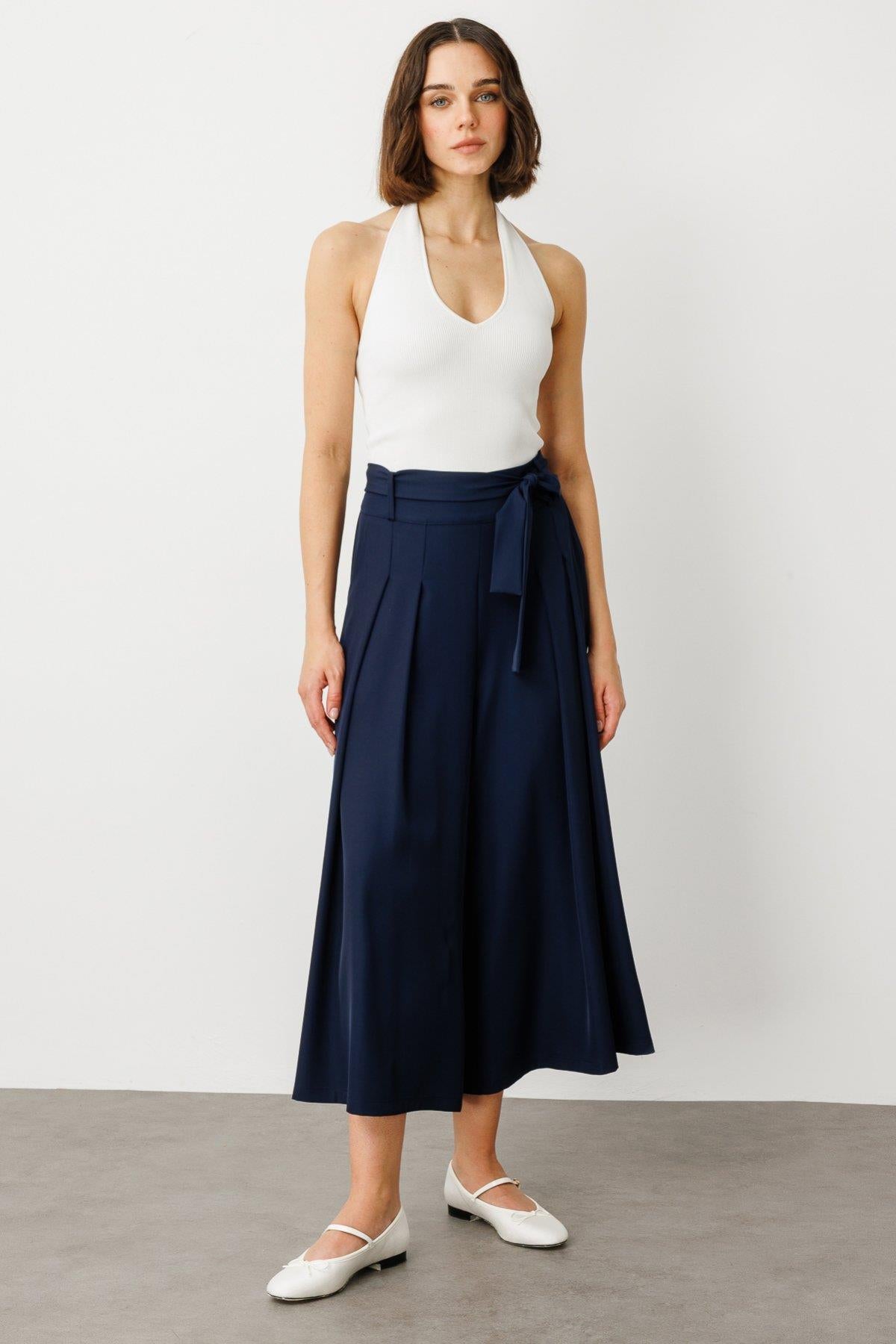 Wide Leg Trouser Skirt with Belted Waist