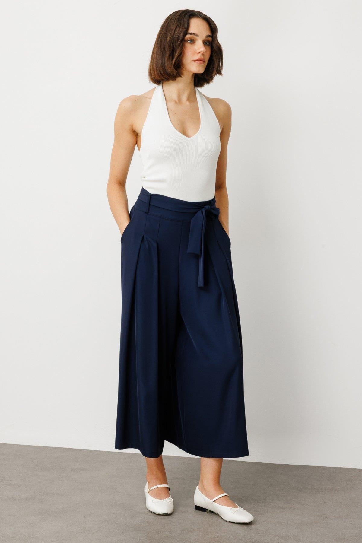 Wide Leg Trouser Skirt with Belted Waist