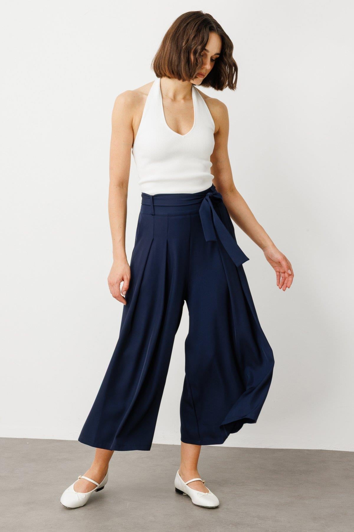 Wide Leg Trouser Skirt with Belted Waist
