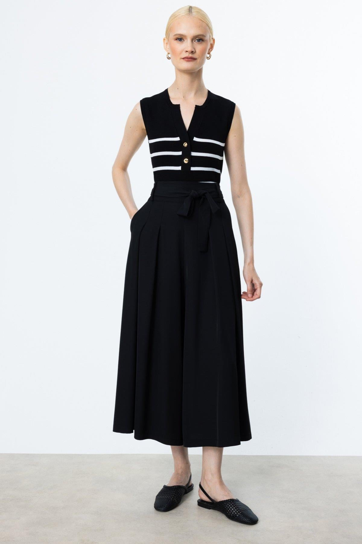 Wide Leg Trouser Skirt with Belted Waist