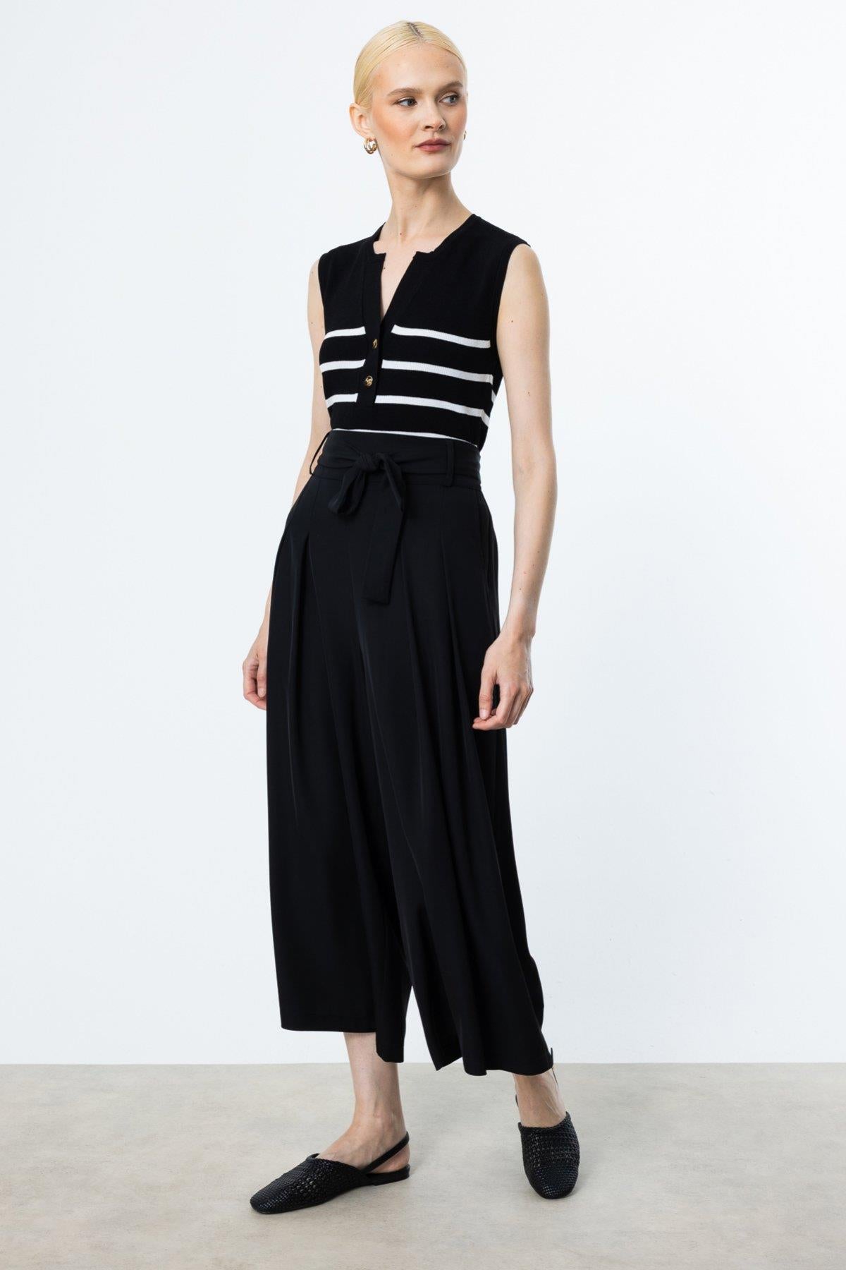 Wide Leg Trouser Skirt with Belted Waist
