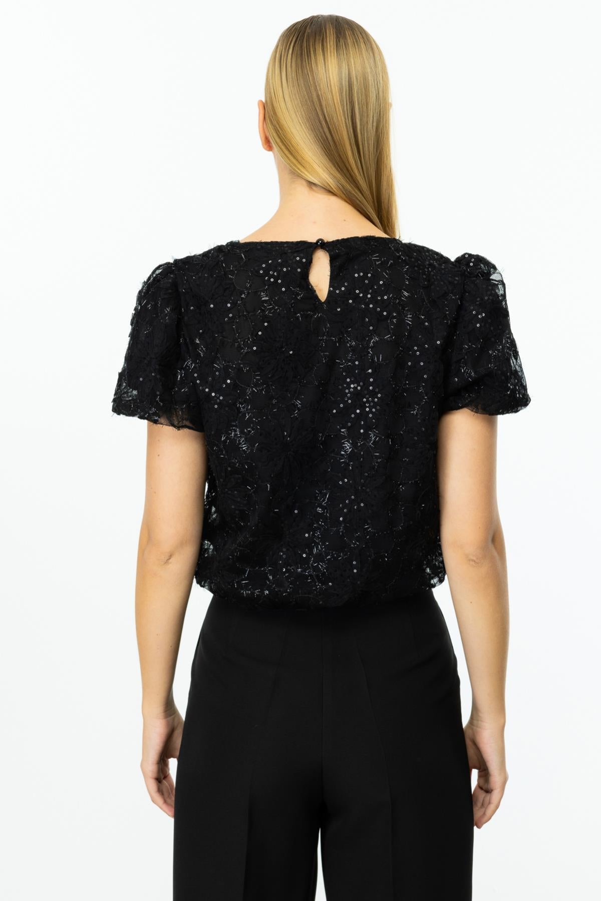 Sequined Flower Embroidered Balloon Sleeve Blouse