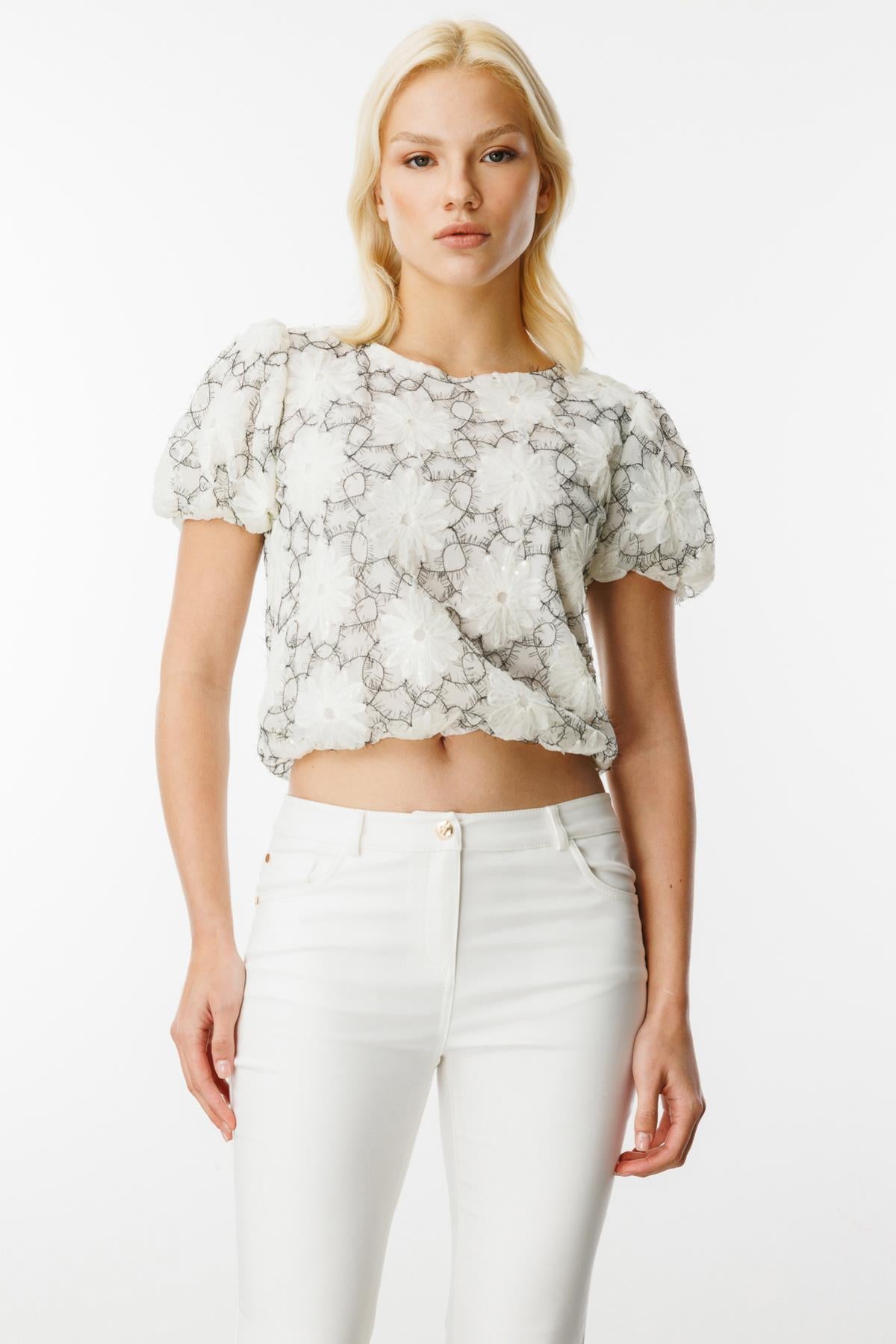Sequined Flower Embroidered Balloon Sleeve Blouse