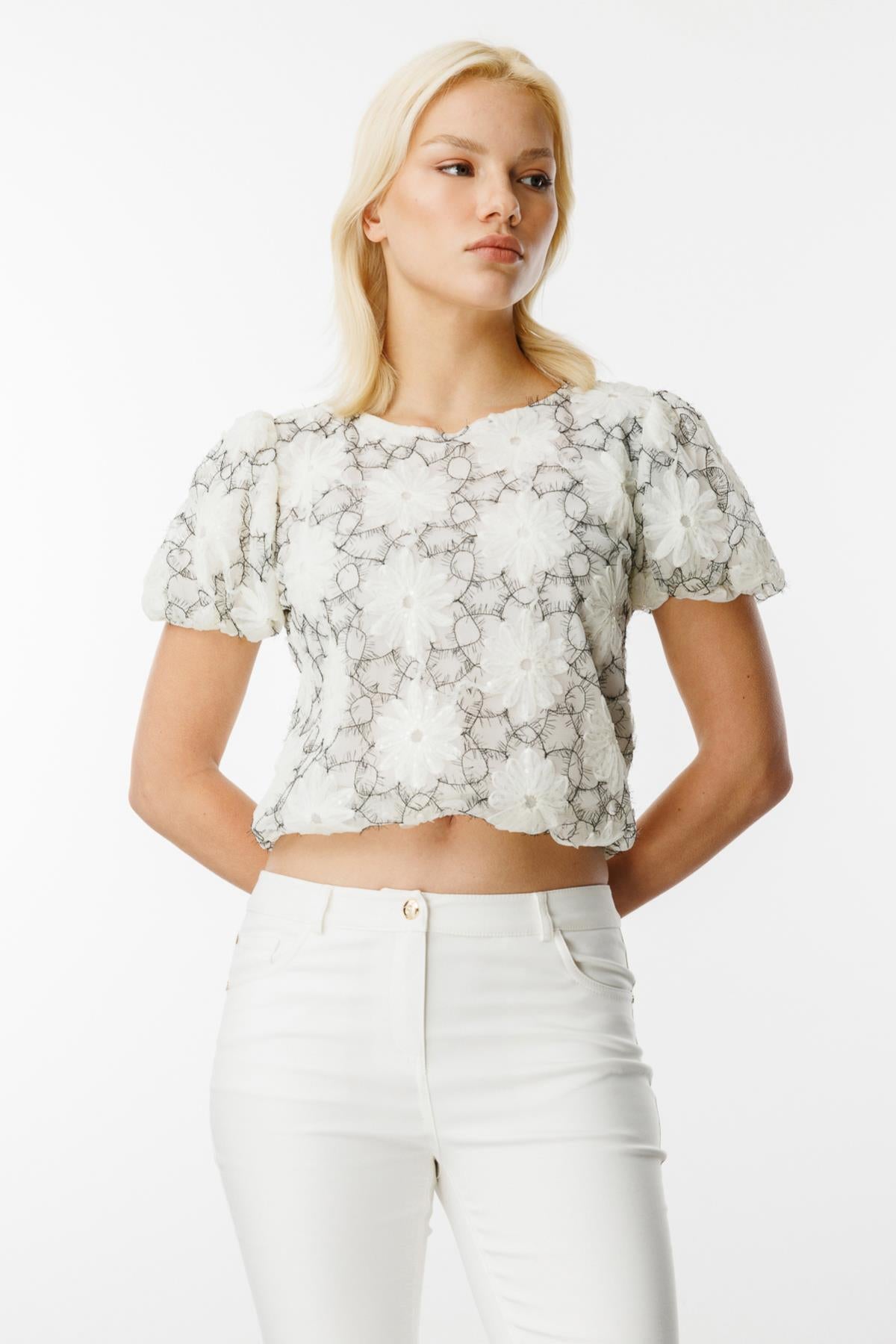 Sequined Flower Embroidered Balloon Sleeve Blouse