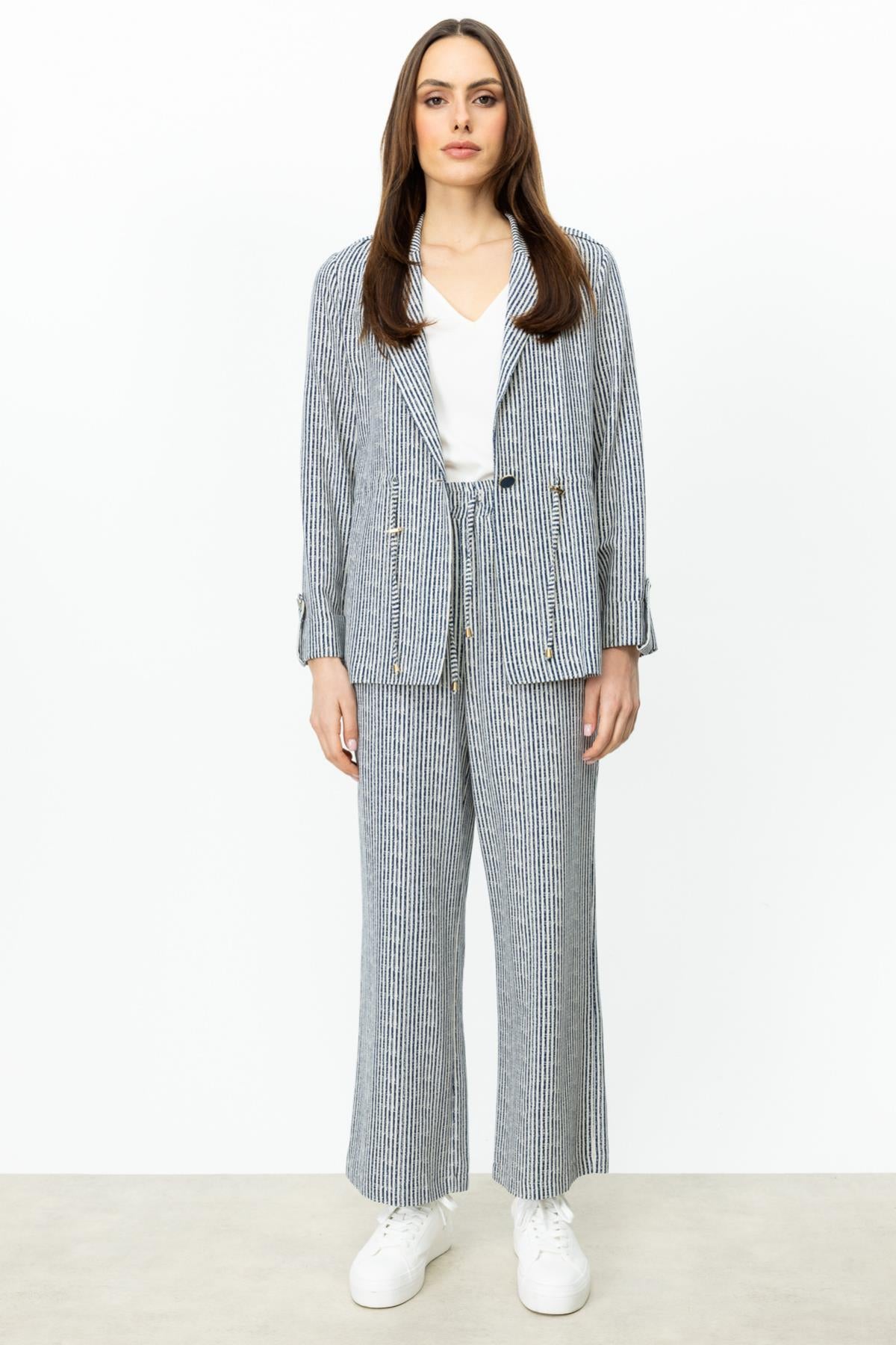 Striped Patterned Elastic Waist Wide Leg Trousers