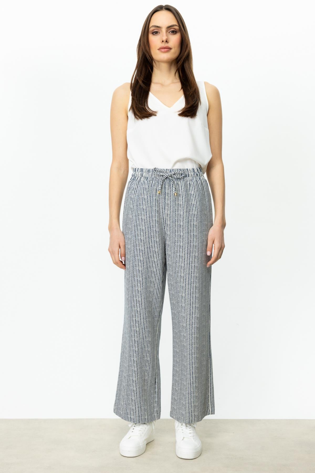 Striped Patterned Elastic Waist Wide Leg Trousers