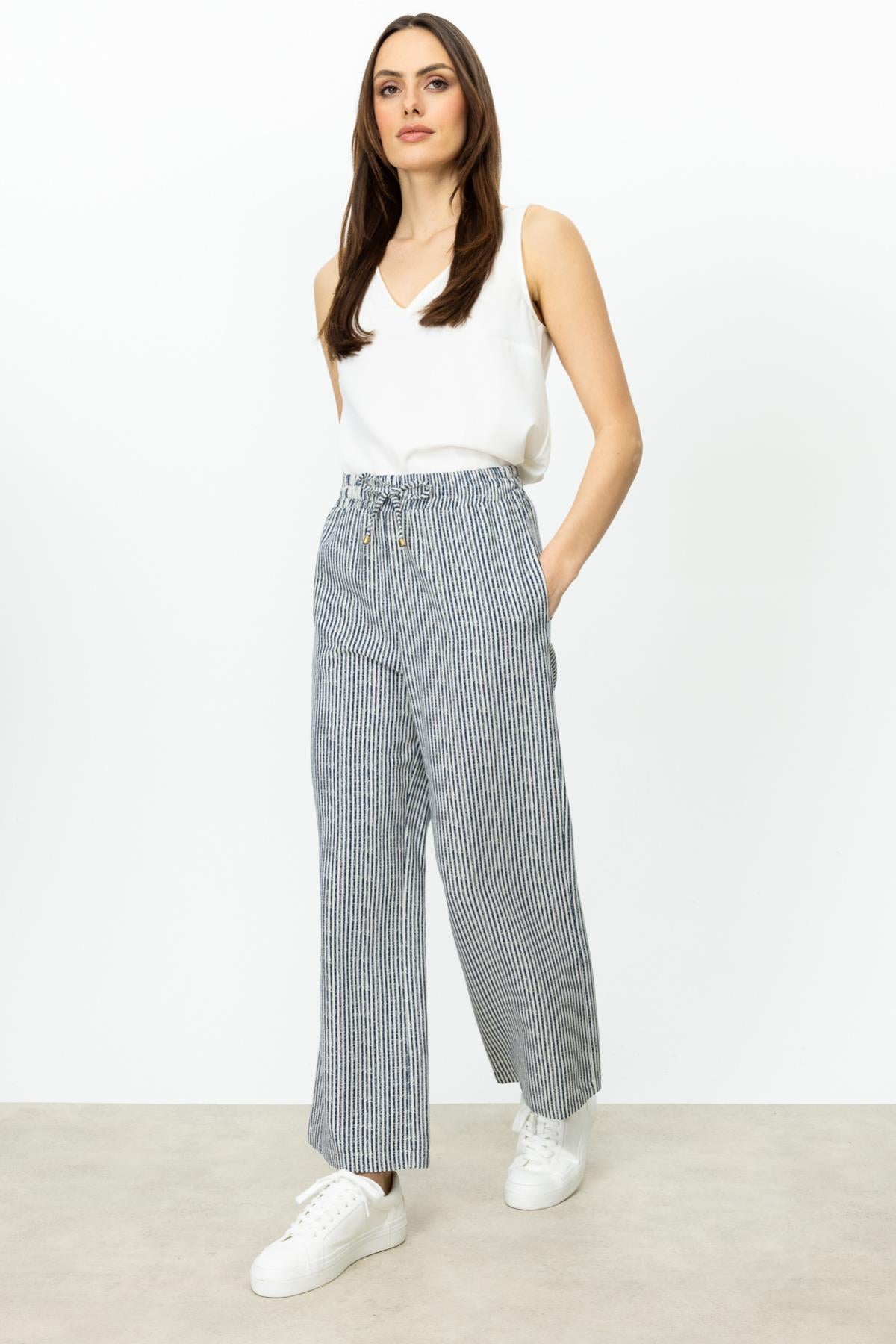 Striped Patterned Elastic Waist Wide Leg Trousers