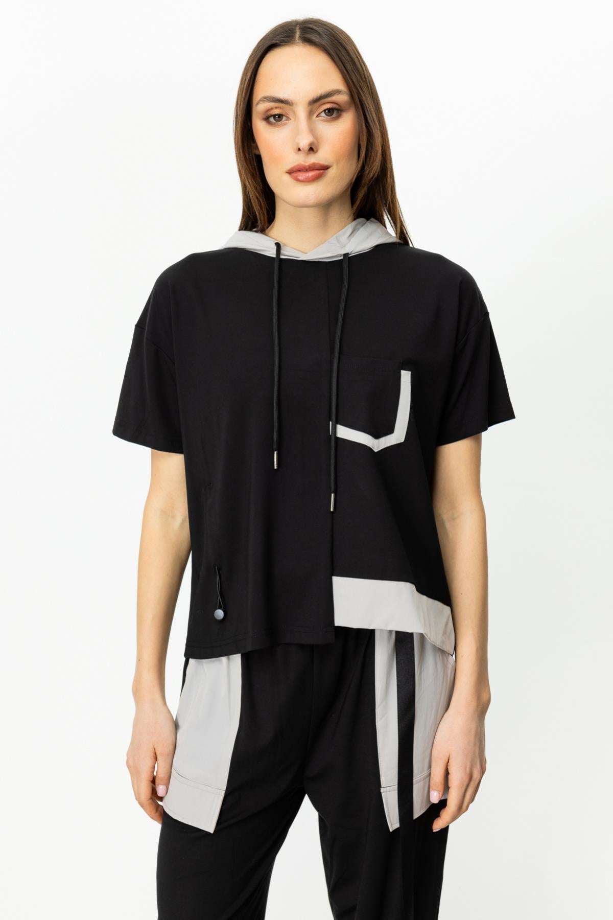 Hooded Short Sleeve Asymmetrical Blouse