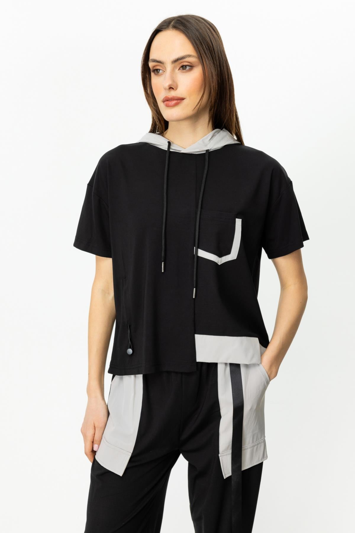 Hooded Short Sleeve Asymmetrical Blouse