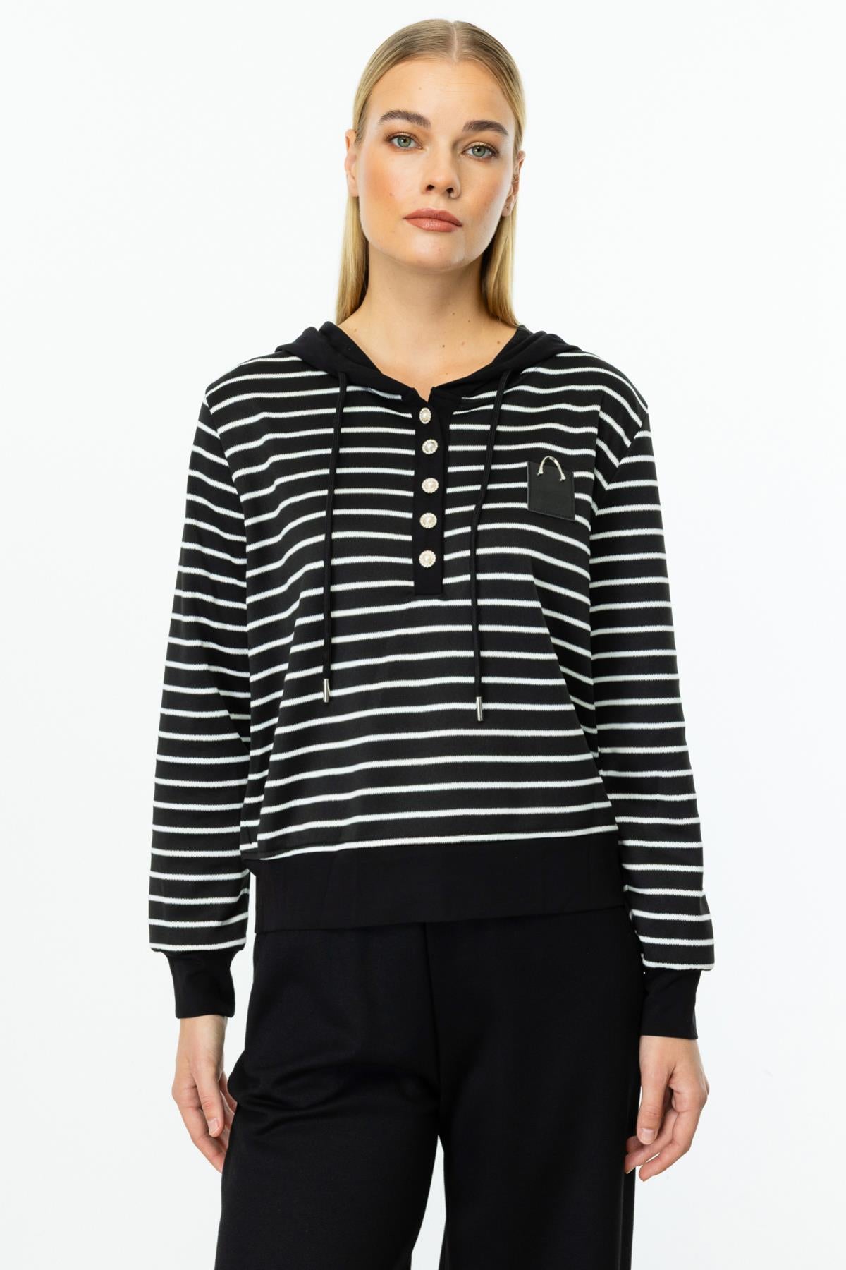 Çizgili Kapüşonlu Uzun Kol Tunik
