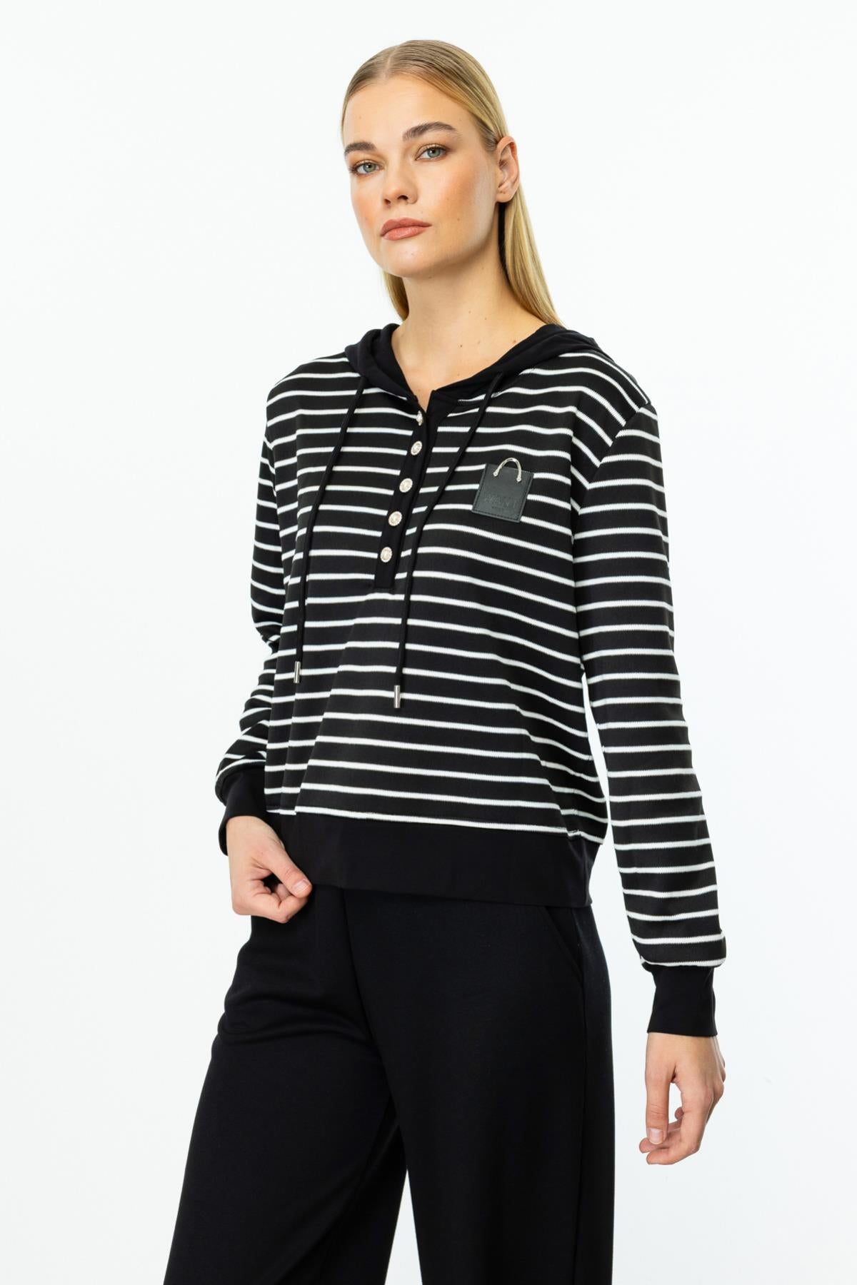 Çizgili Kapüşonlu Uzun Kol Tunik