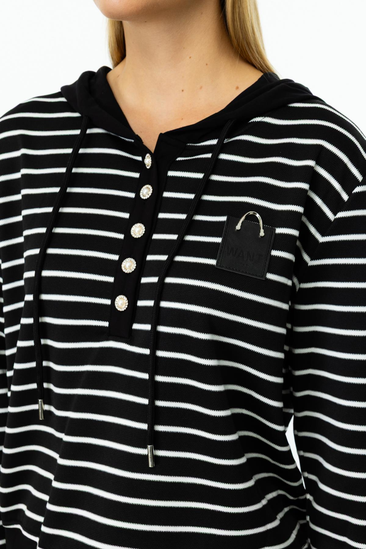 Çizgili Kapüşonlu Uzun Kol Tunik