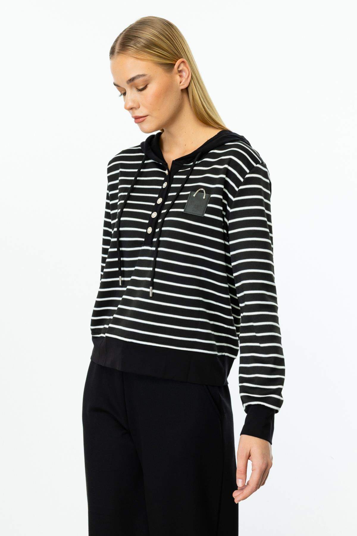Çizgili Kapüşonlu Uzun Kol Tunik
