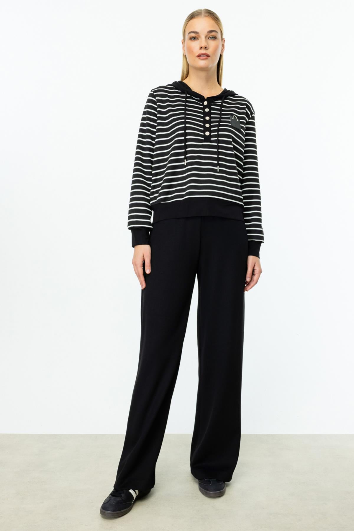 Çizgili Kapüşonlu Uzun Kol Tunik