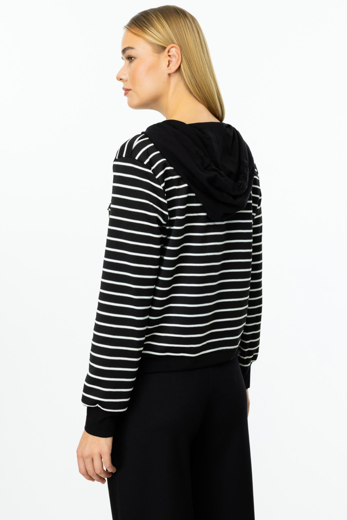 Çizgili Kapüşonlu Uzun Kol Tunik