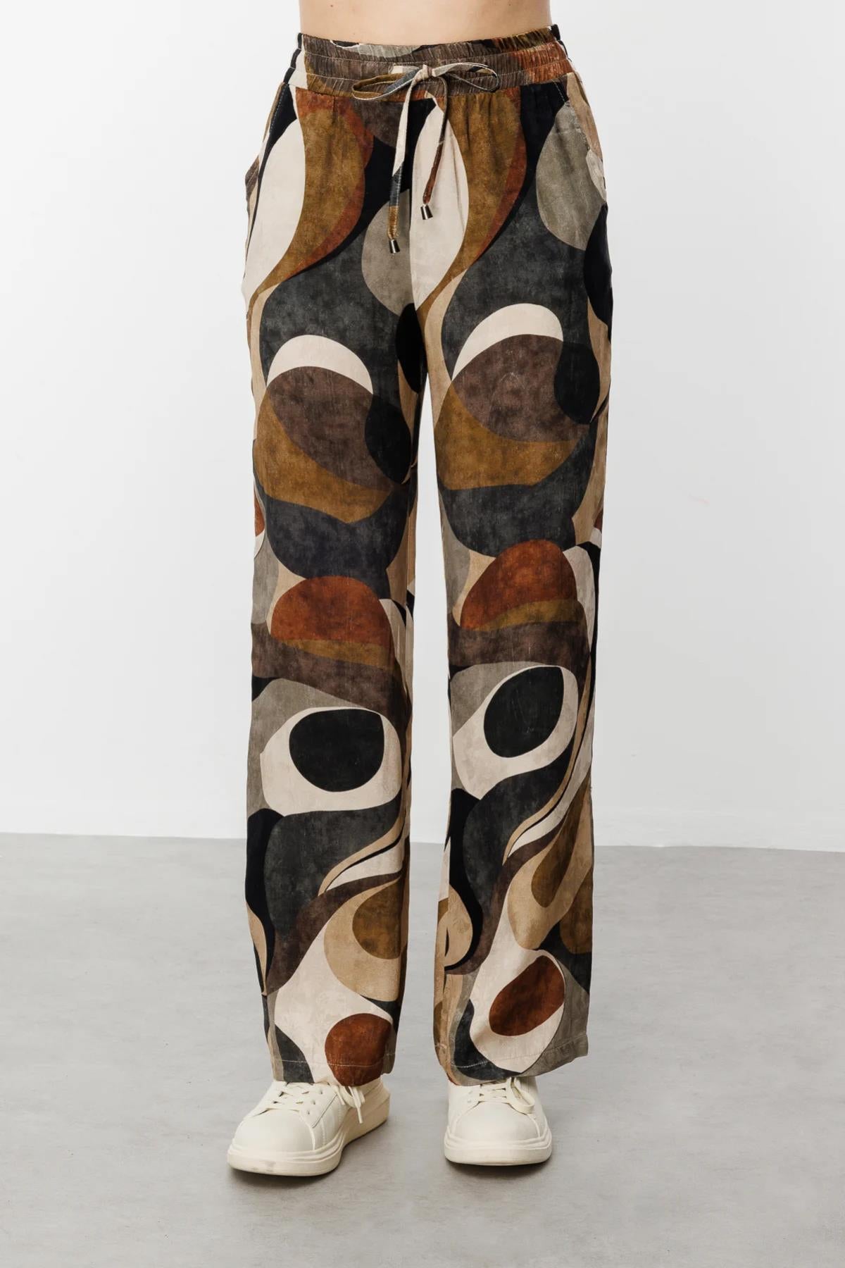 Elastic Waist Wide Leg Patterned Trousers