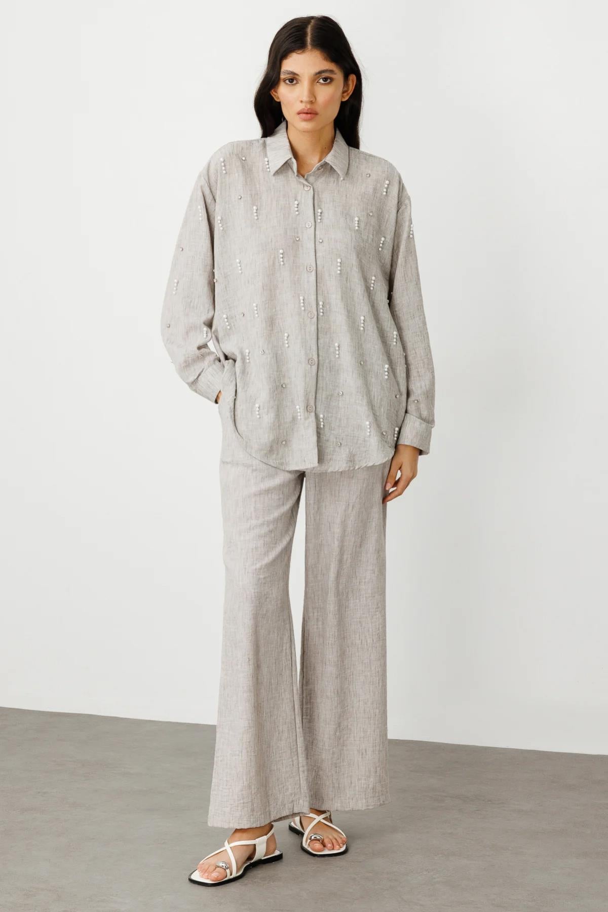 بنطلون كتان واسع الساق