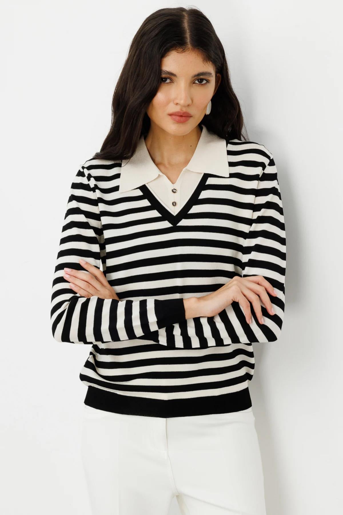 Striped Knit Blouse with Shirt Detail Inside