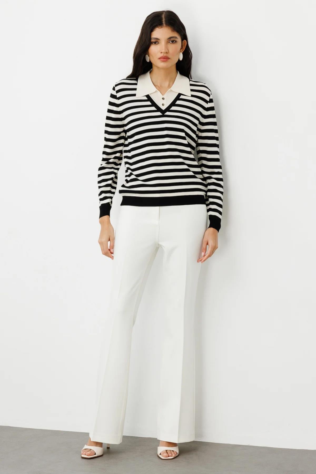 Striped Knit Blouse with Shirt Detail Inside
