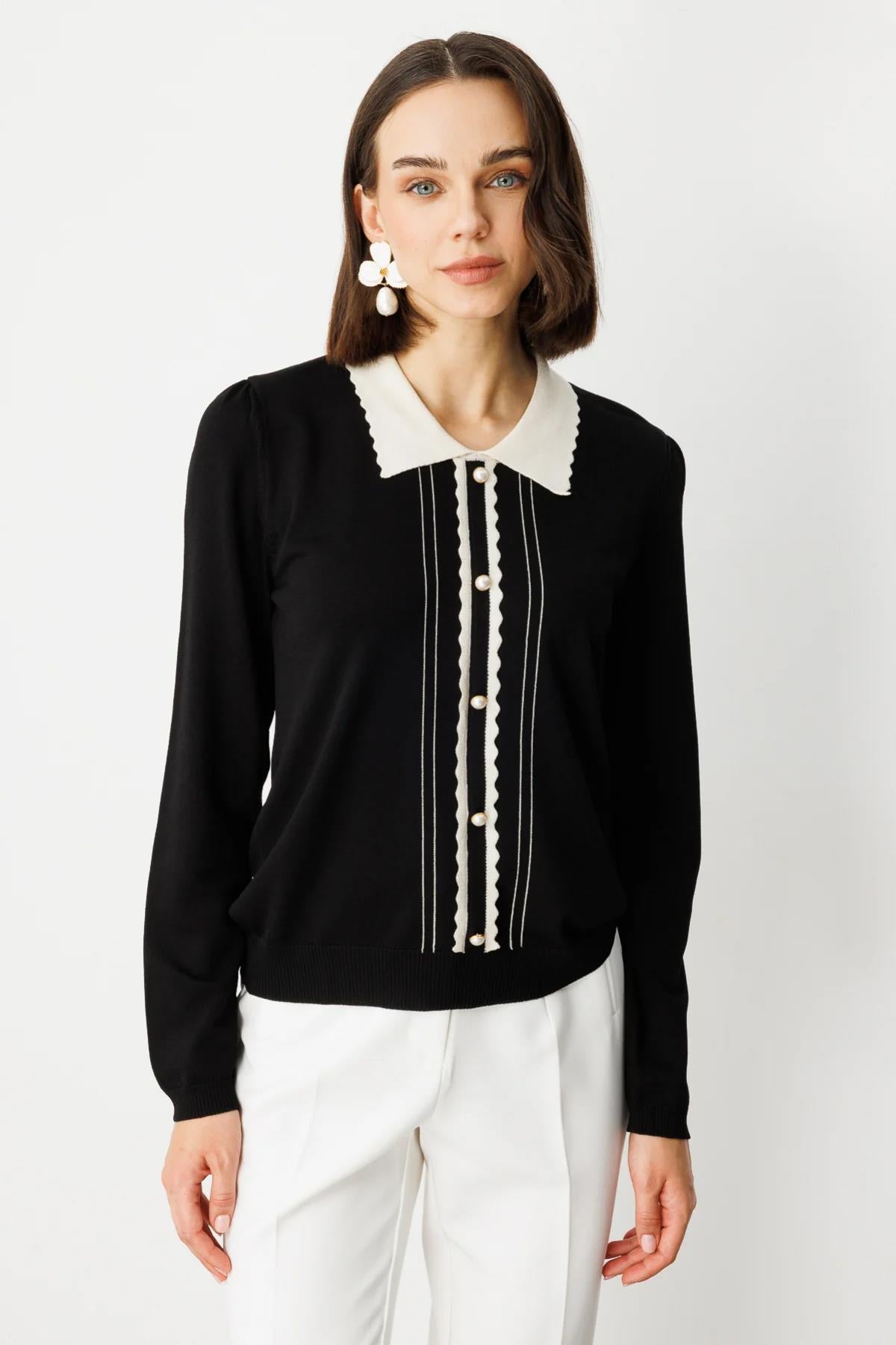 Zikzak Detaylı Uzun Kol Hırka Görünümlü Bluz