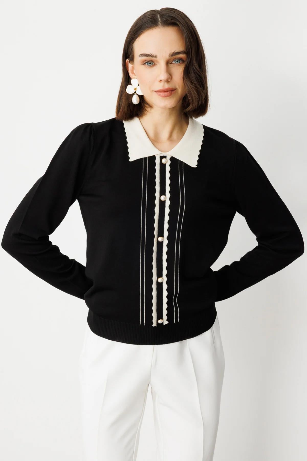 Zikzak Detaylı Uzun Kol Hırka Görünümlü Bluz