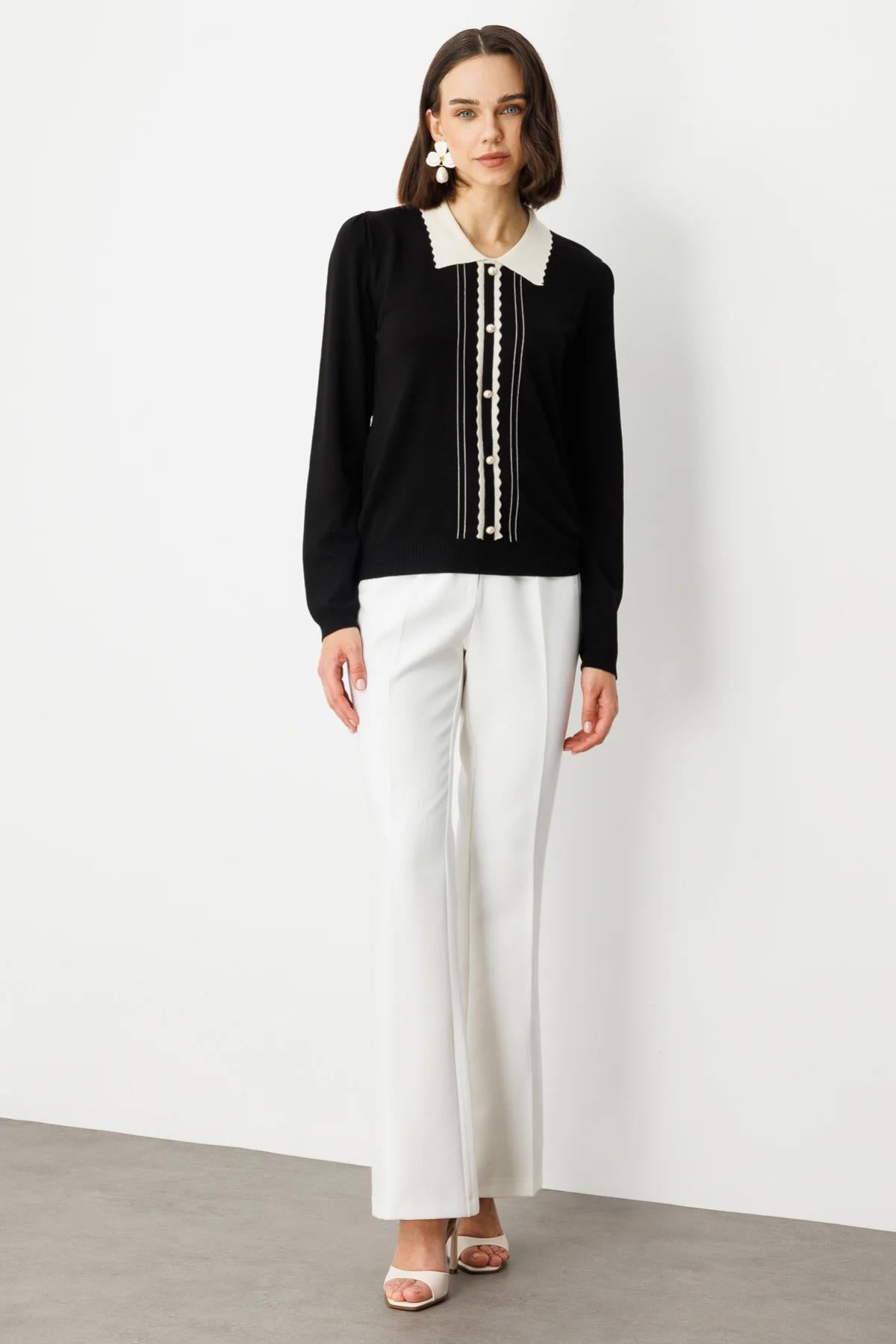 Zikzak Detaylı Uzun Kol Hırka Görünümlü Bluz