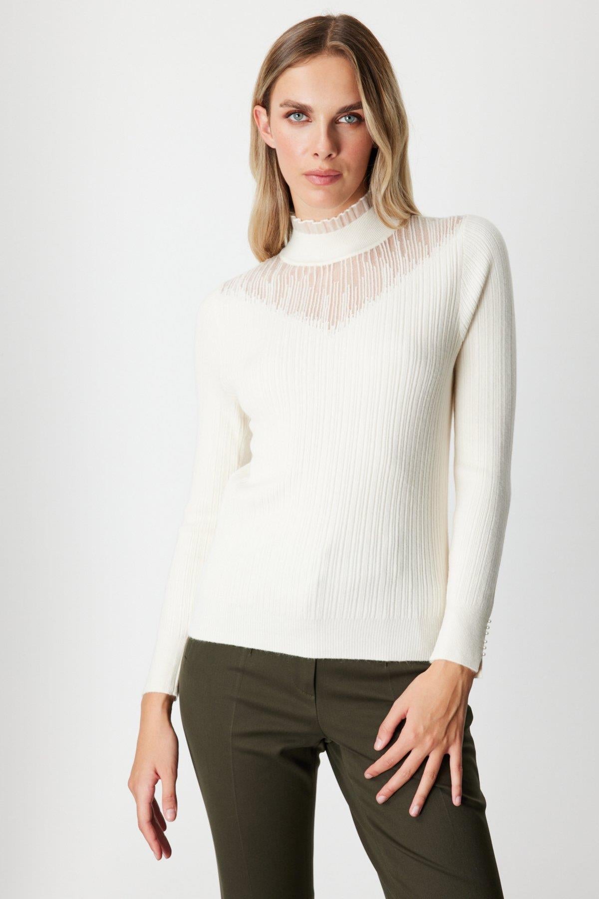 Tulle Detailed Ribbed Knit Sweater