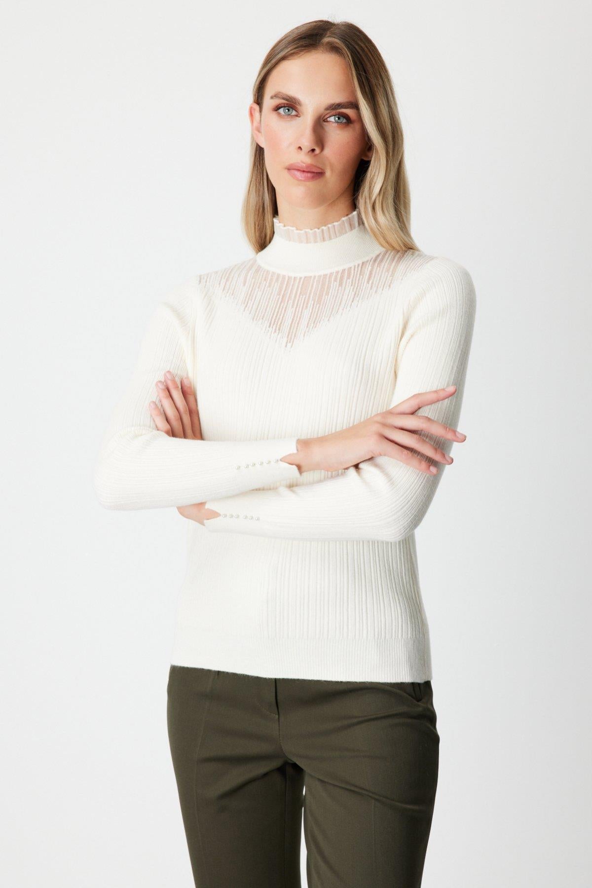 Tulle Detailed Ribbed Knit Sweater