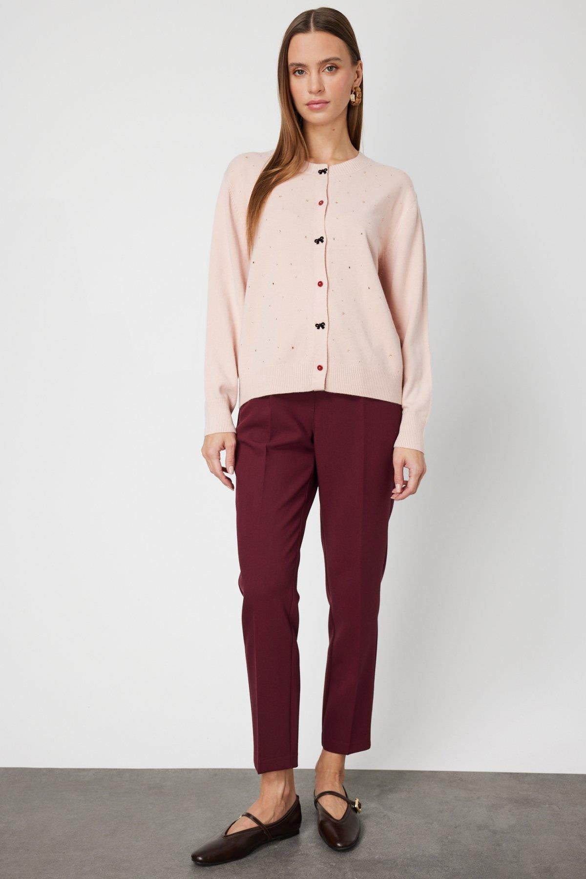 Taş Detaylı Sıfır Yaka Triko Hırka