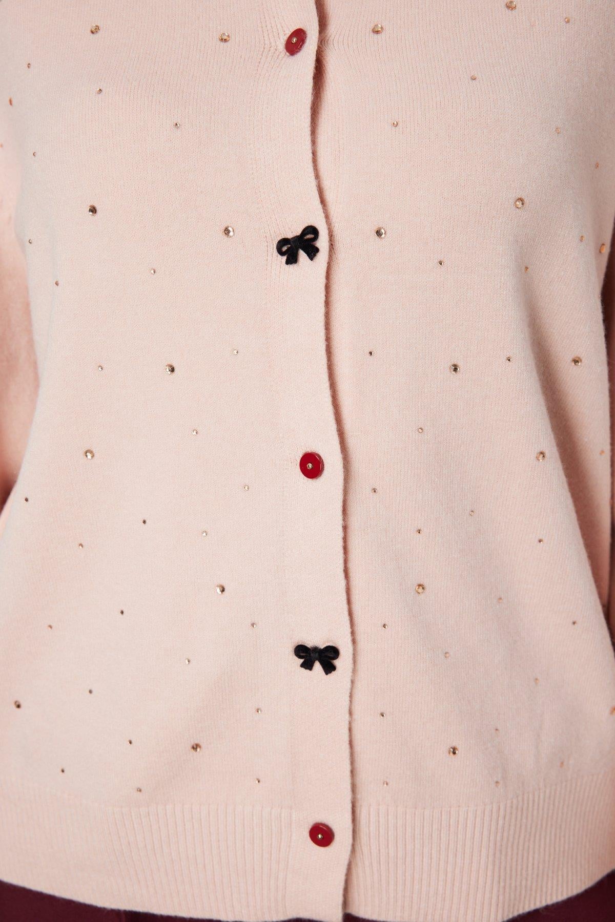 Taş Detaylı Sıfır Yaka Triko Hırka