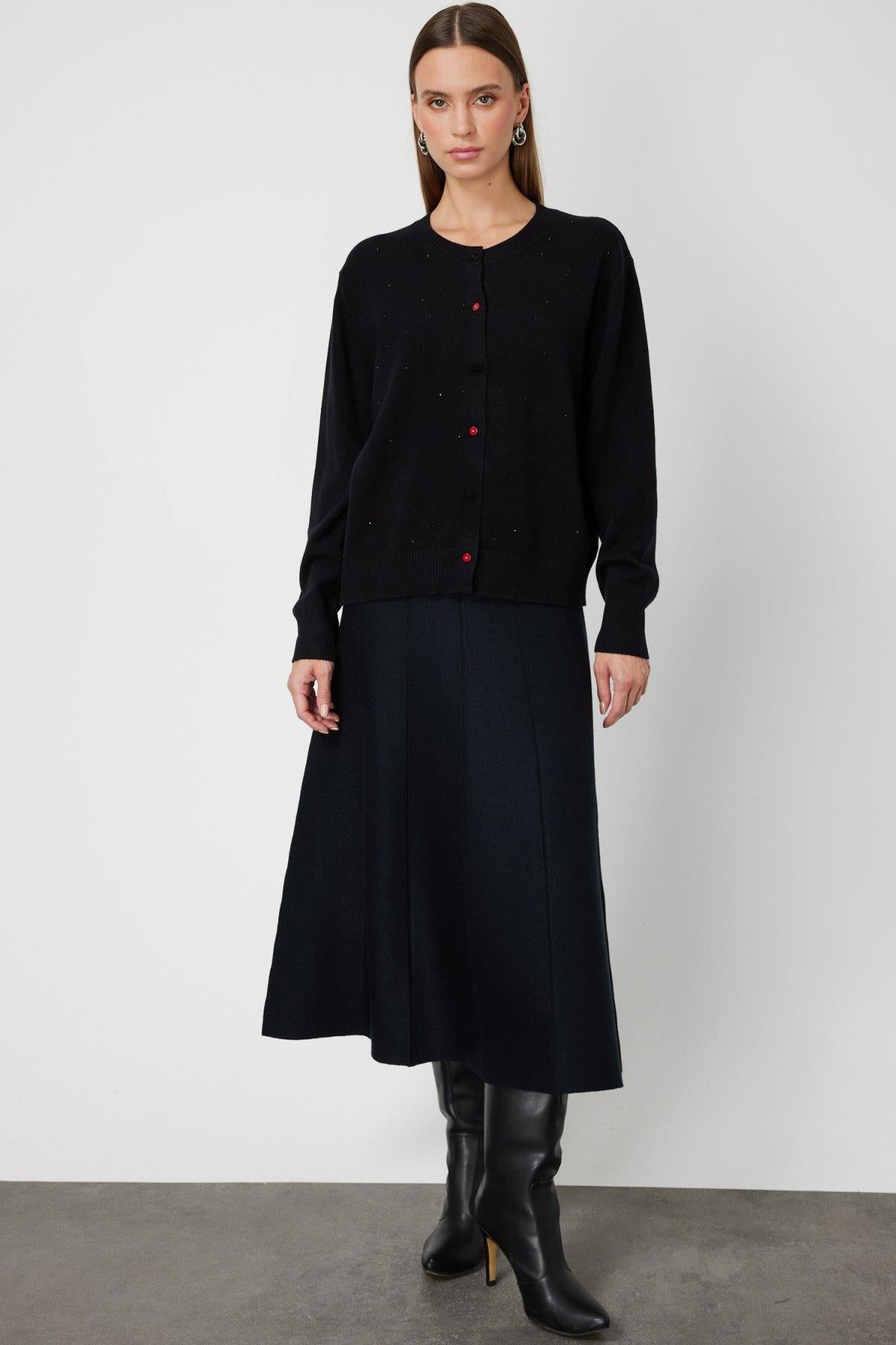 Taş Detaylı Sıfır Yaka Triko Hırka