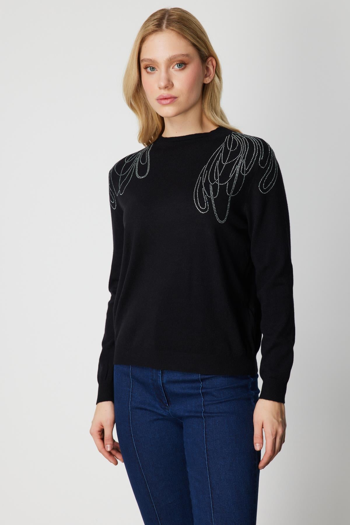 Taş İşleme Desenli Triko Kazak