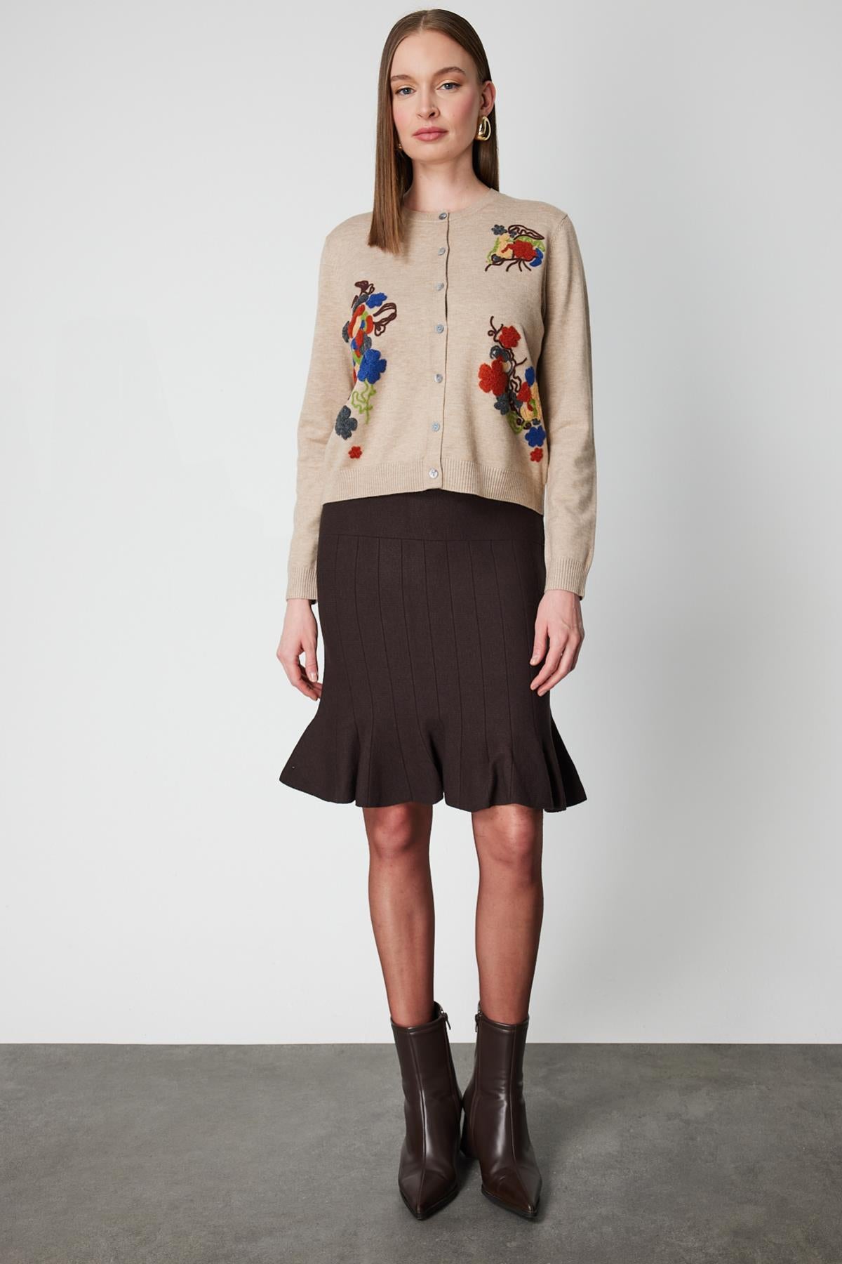 Renkli Çiçek İşlemeli Triko Hırka