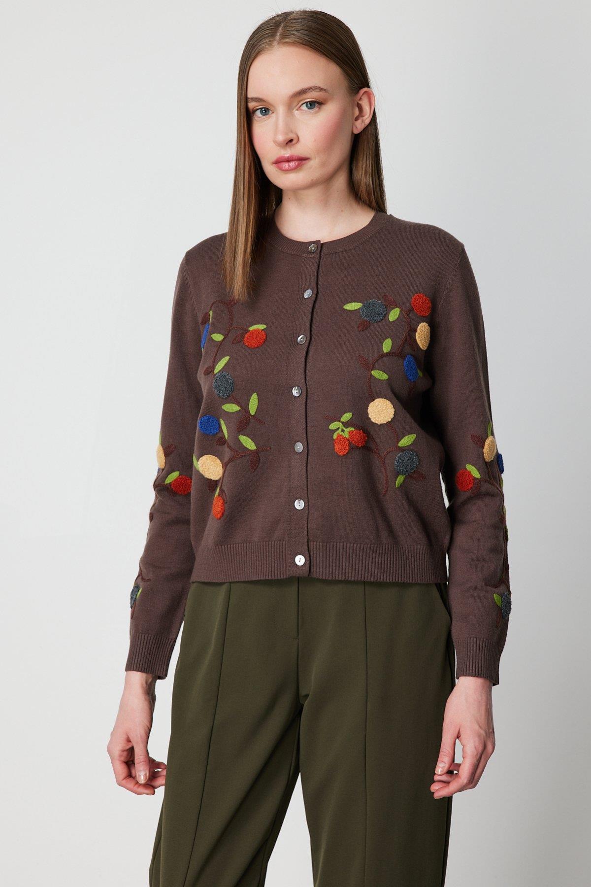 Sıfır Yaka İşlemeli Triko Hırka