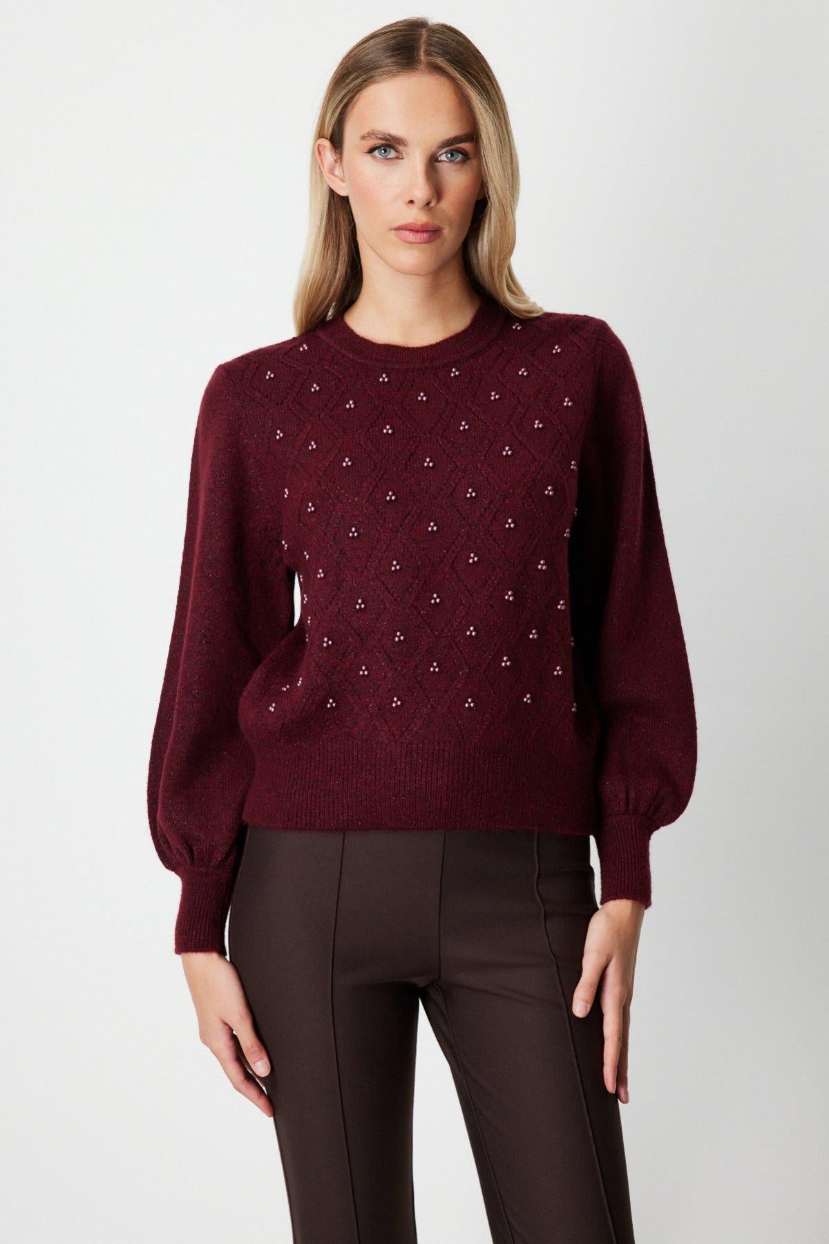 Diamond Patterned Pearl Glitter Detailed Sweater