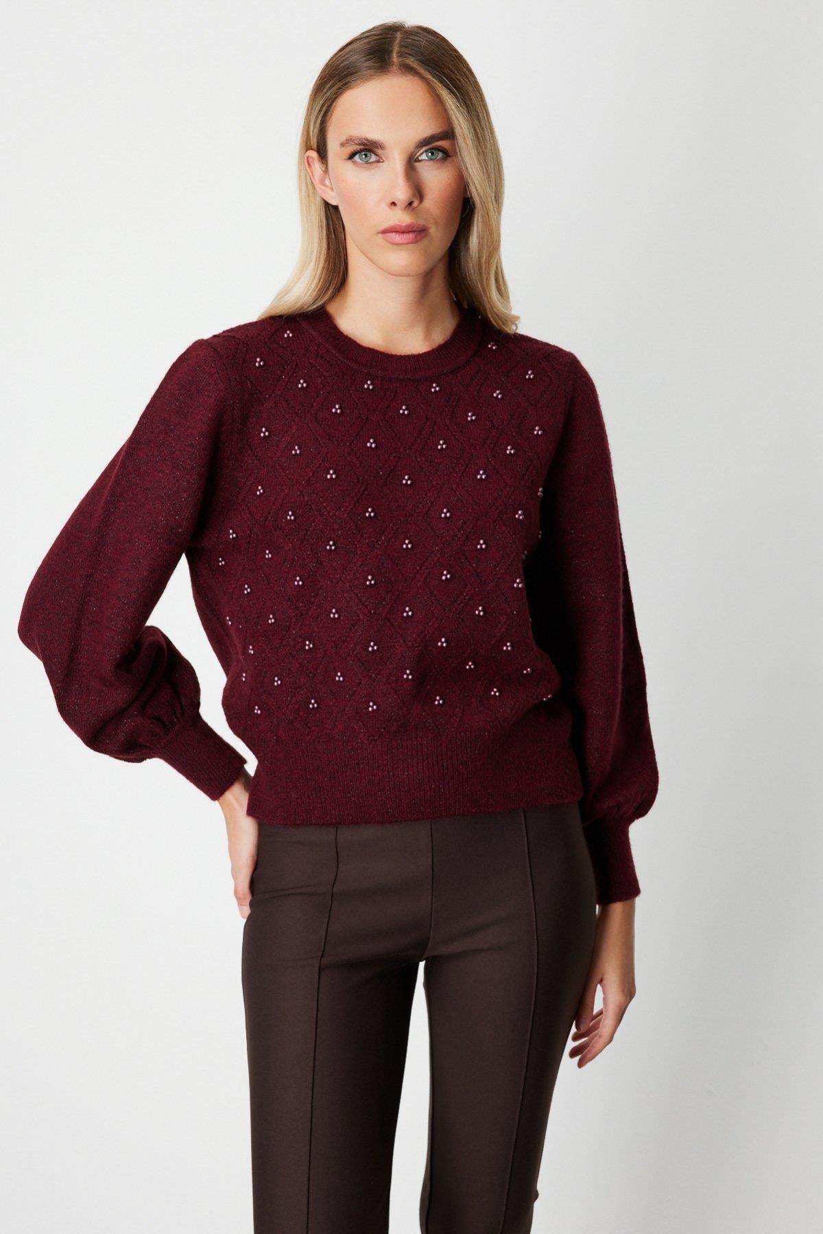 Diamond Patterned Pearl Glitter Detailed Sweater