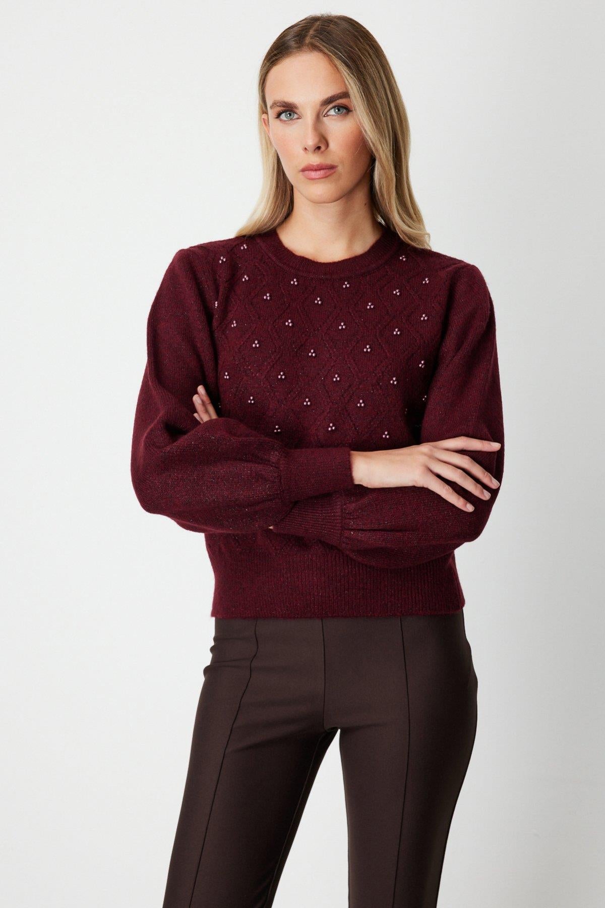 Diamond Patterned Pearl Glitter Detailed Sweater