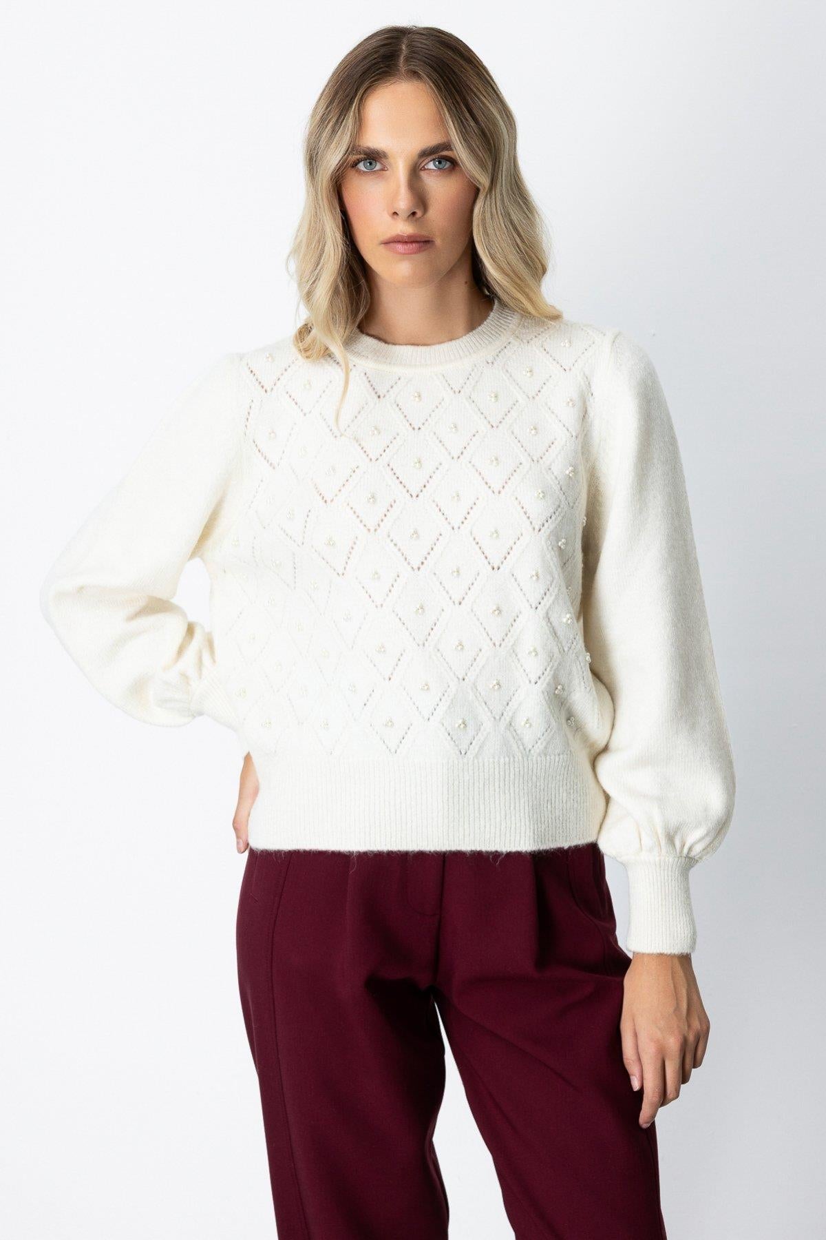 Diamond Patterned Pearl Glitter Detailed Sweater