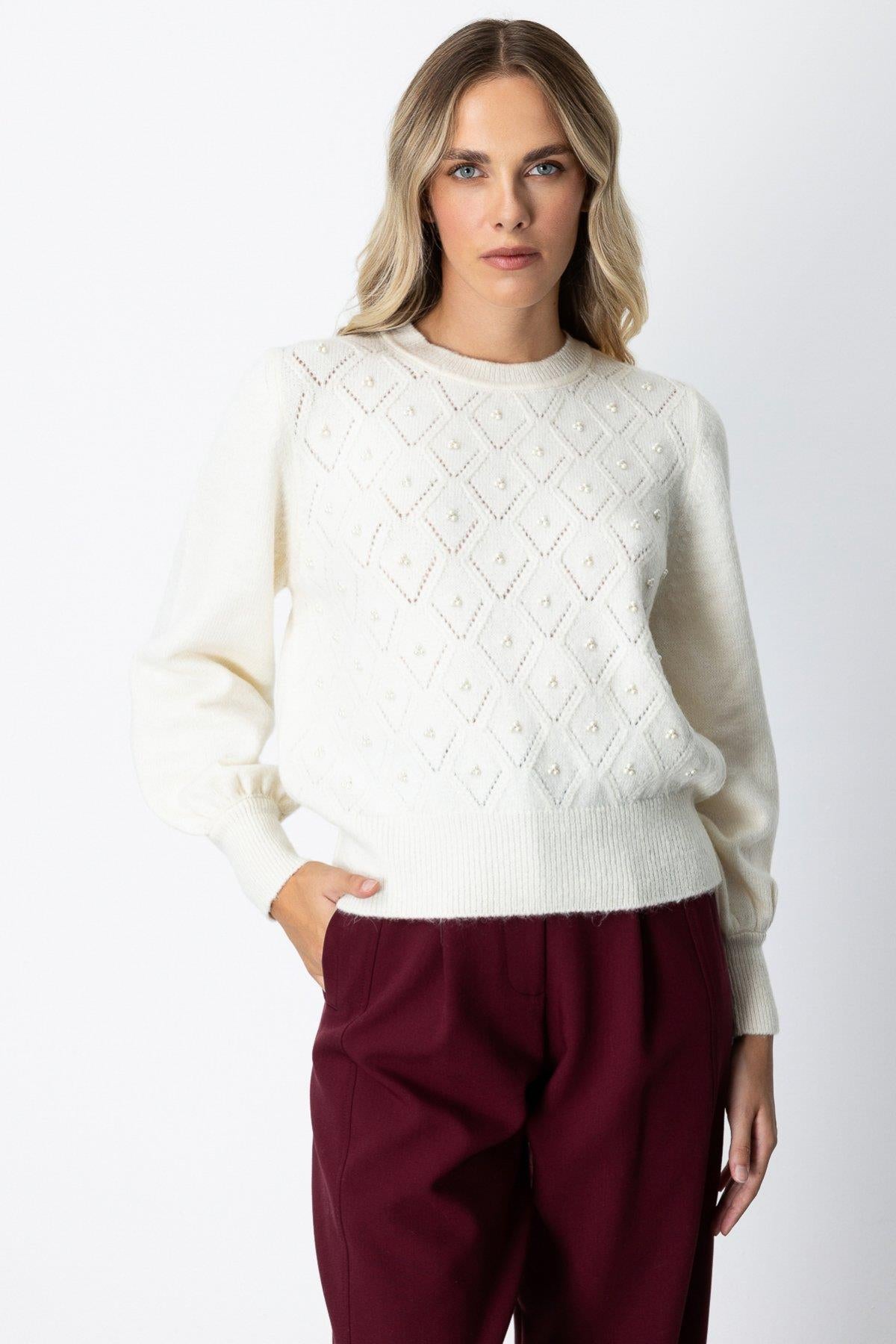 Diamond Patterned Pearl Glitter Detailed Sweater